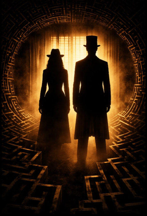 Silhouettes of a man and woman standing in a glowing, circular passageway, wearing vintage clothing and hats, with a mysterious, sci-fi or fantasy atmosphere.