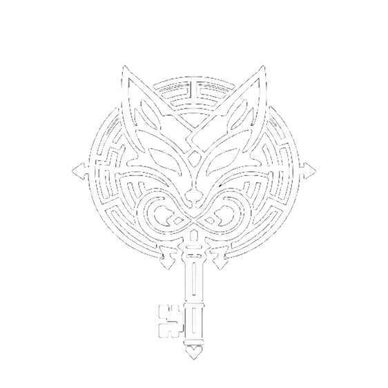 A black and white graphic design featuring a key with a fox's head as the bow, surrounded by a circular maze pattern.