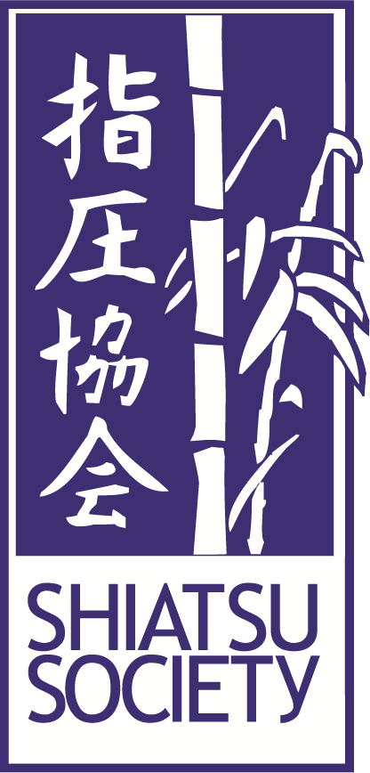 The purple and white vertical banner logo of the Shiatsu Society featuring text and bamboo imagery