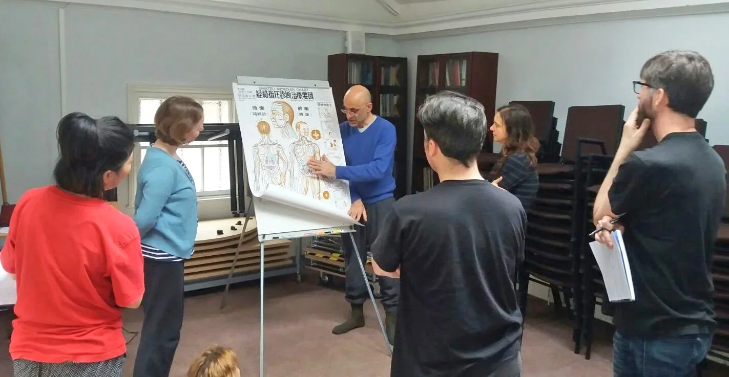 Shiatsu tutor Nik stood talking through a meridians chart to a surrounding group of students