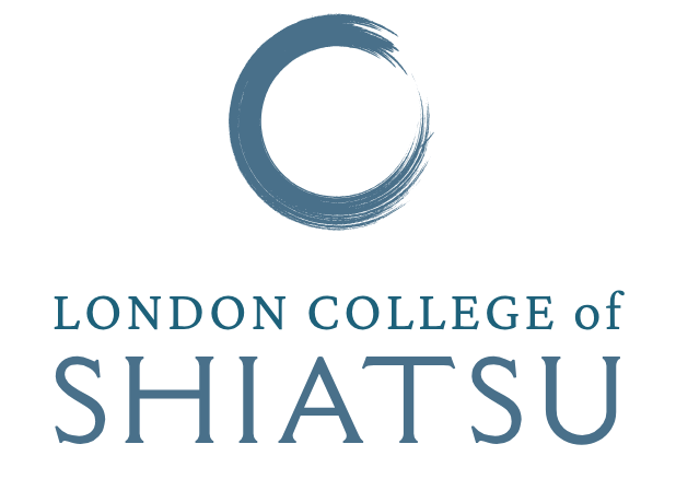 The logo of the London College of Shiatsu featuring a zen circle brushstroke icon above the name