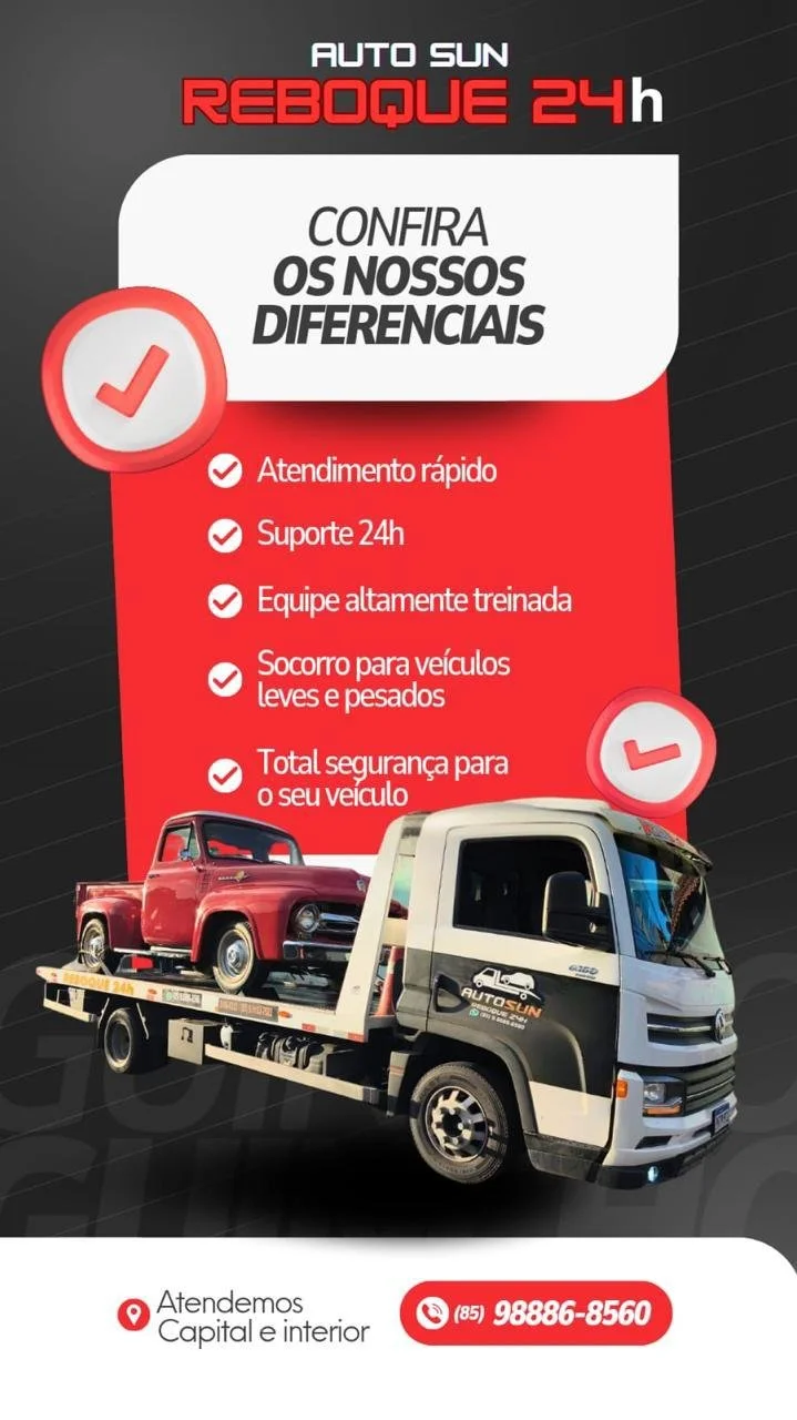 Anúncio de serviço de reboque automotivo 24 horas, com um caminhão de reboque carregando um carro antigo vermelho. Texto destacando atendimento rápido, suporte 24h, equipe treinada, socorro para veículos leves e pesados, e segurança total para o veículo. Inclui contato telefônico e localização na capital e interior.