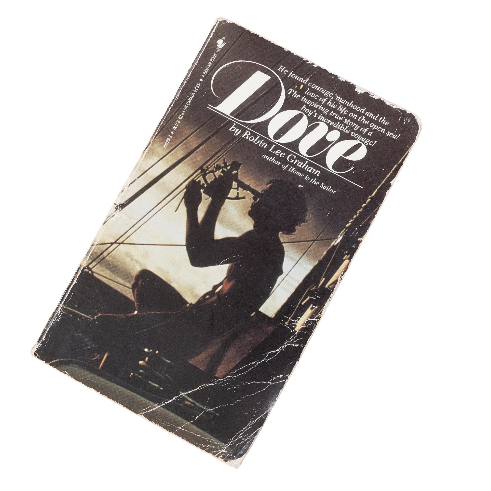 A worn paperback book titled 'Doubt' by Robin Lee Graham with a black and white cover image of a boy on a boat, featuring torn edges and visible creases.