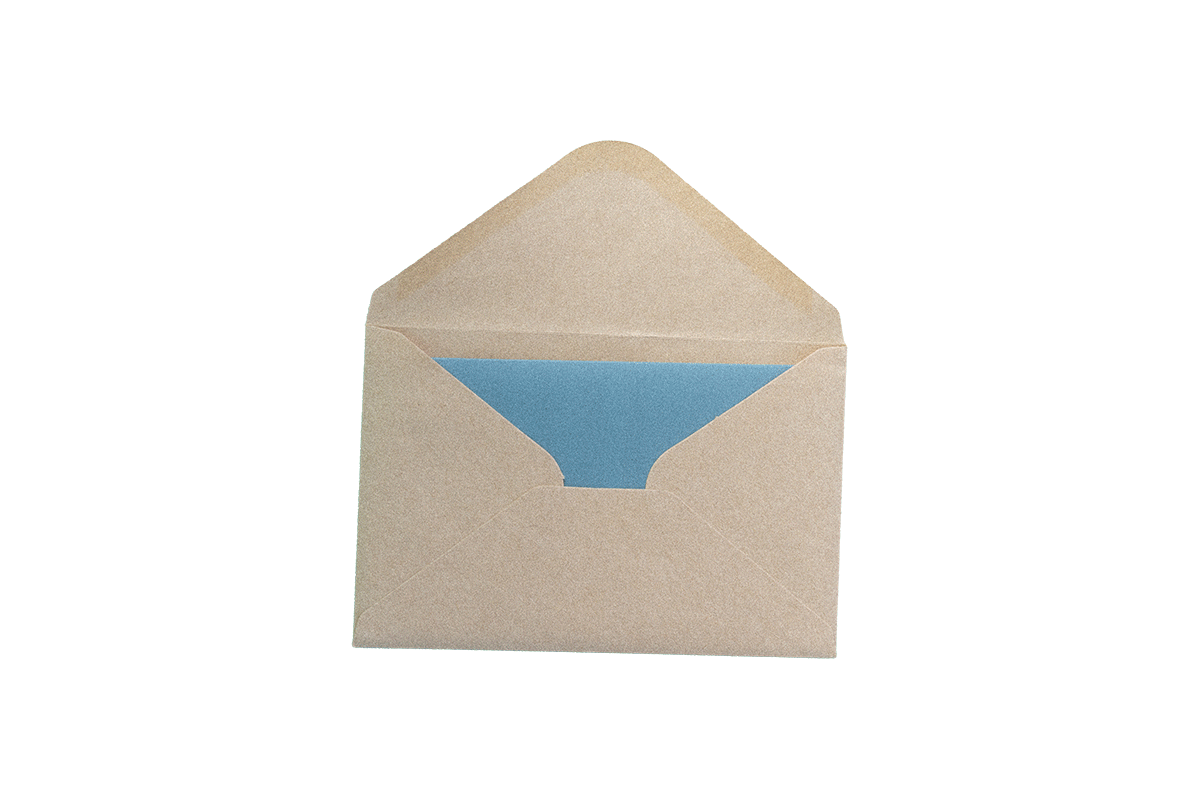 Cream-colored envelope with light blue interior, shown open.