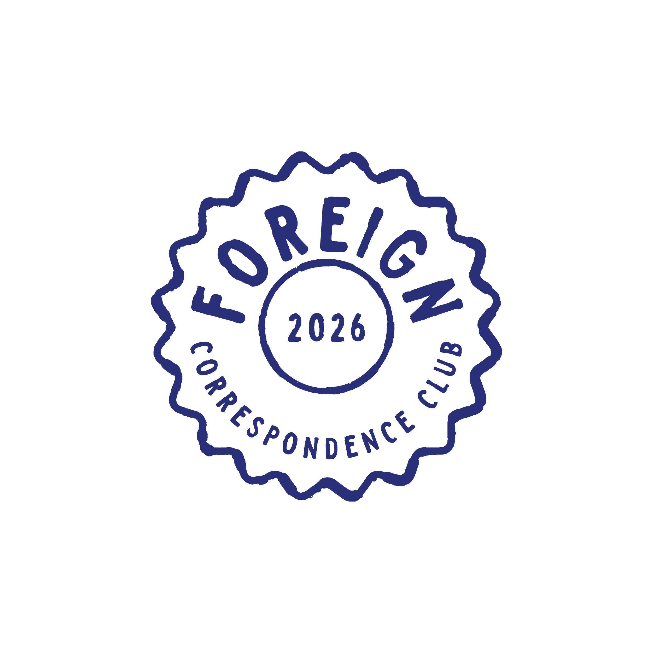 Blue stamp logo for Foreign Correspondence Club, a snail mail club by Lil Cap.
