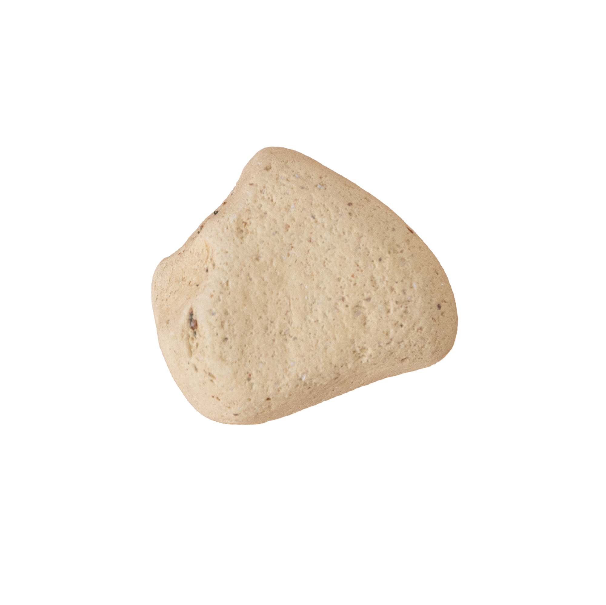 A close-up of a beige, textured cone-shaped object, possibly a piece of food or material.