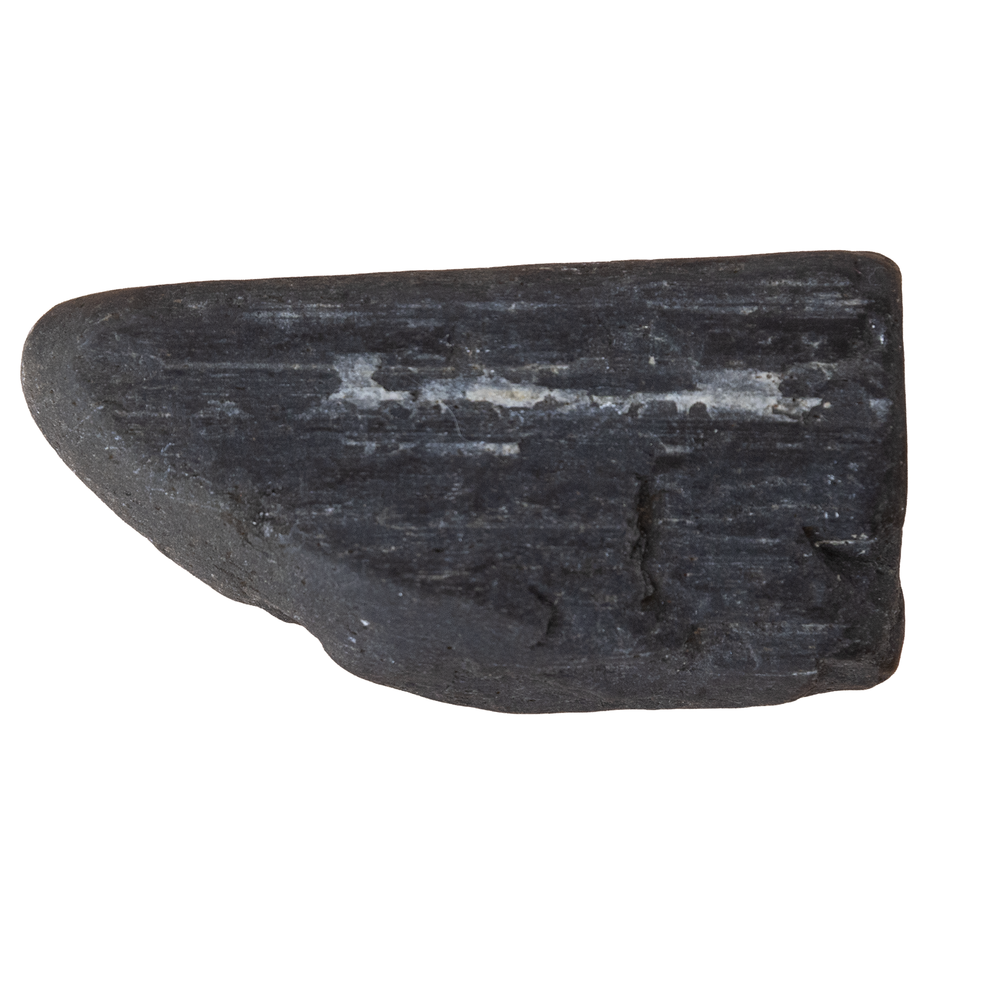 Close-up of a black piece of volcanic rock with a rough texture.