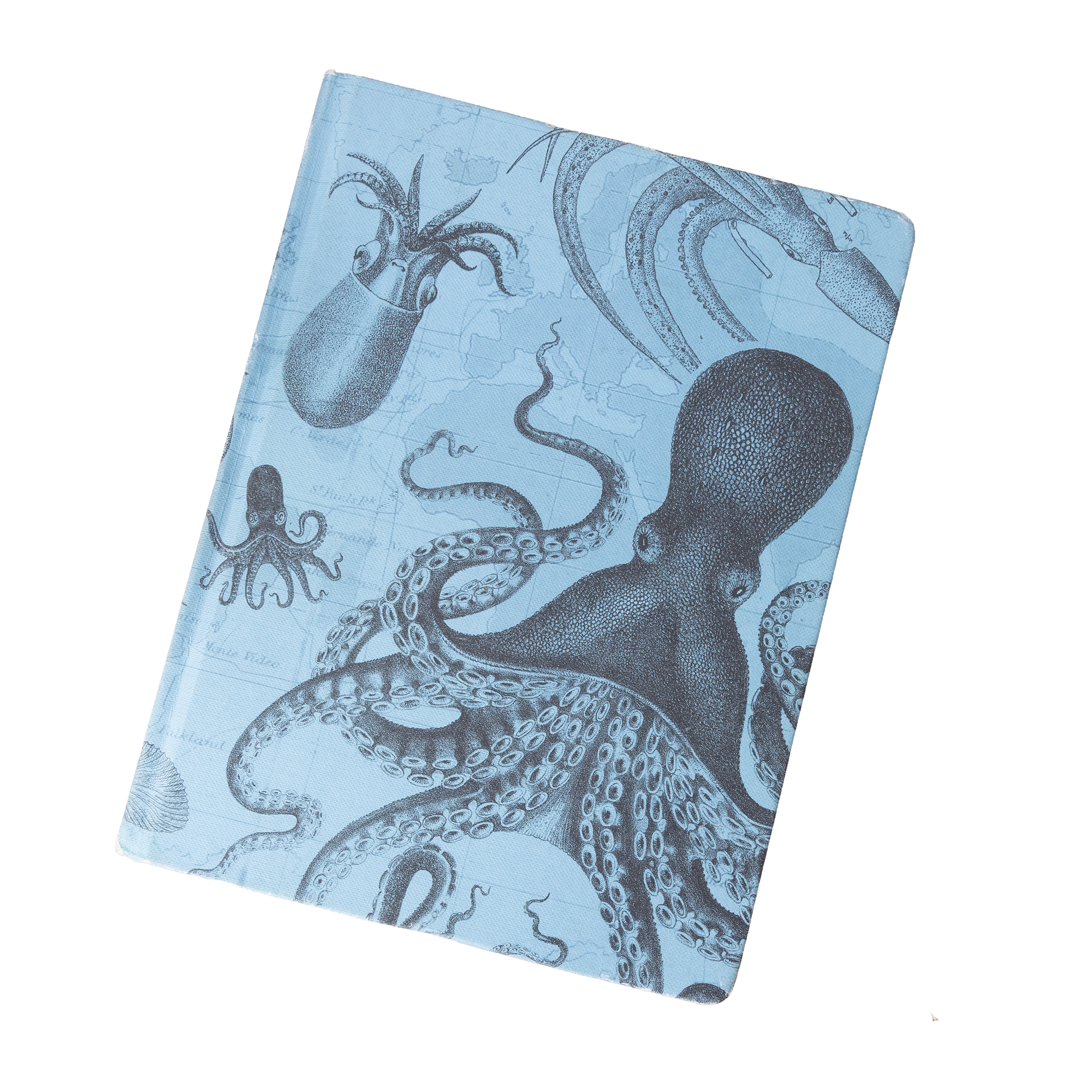 Close-up of a textured blue visiting card or paper with detailed black line drawings of an octopus, squid, and other sea creatures on it.