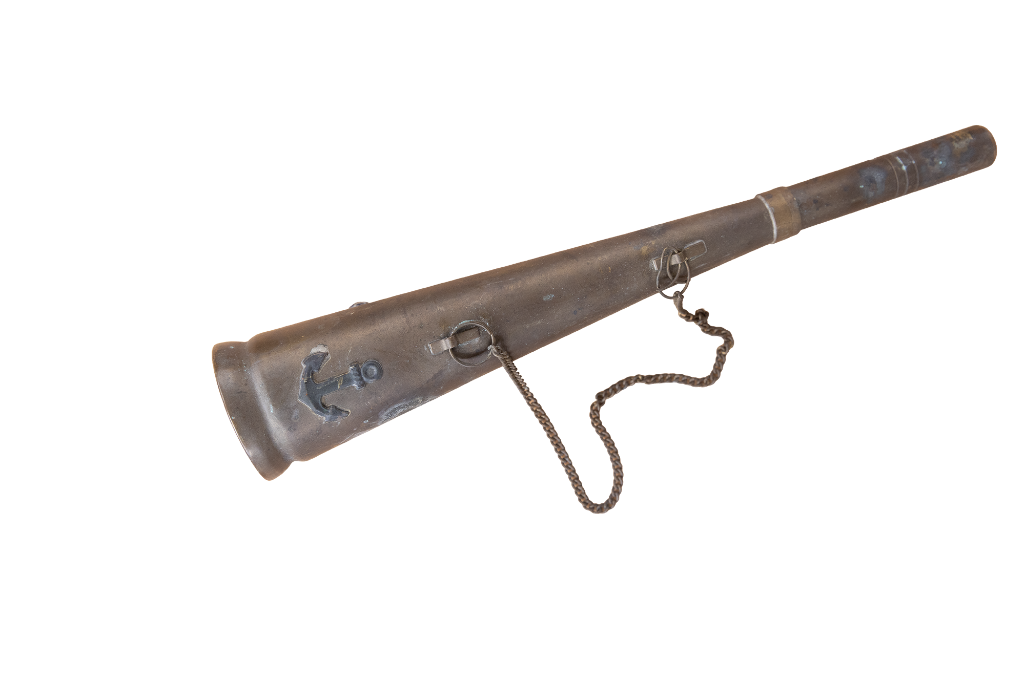 A vintage military-style rifle with a chain and anchor embellishment attached to it, oriented diagonally against a black background.