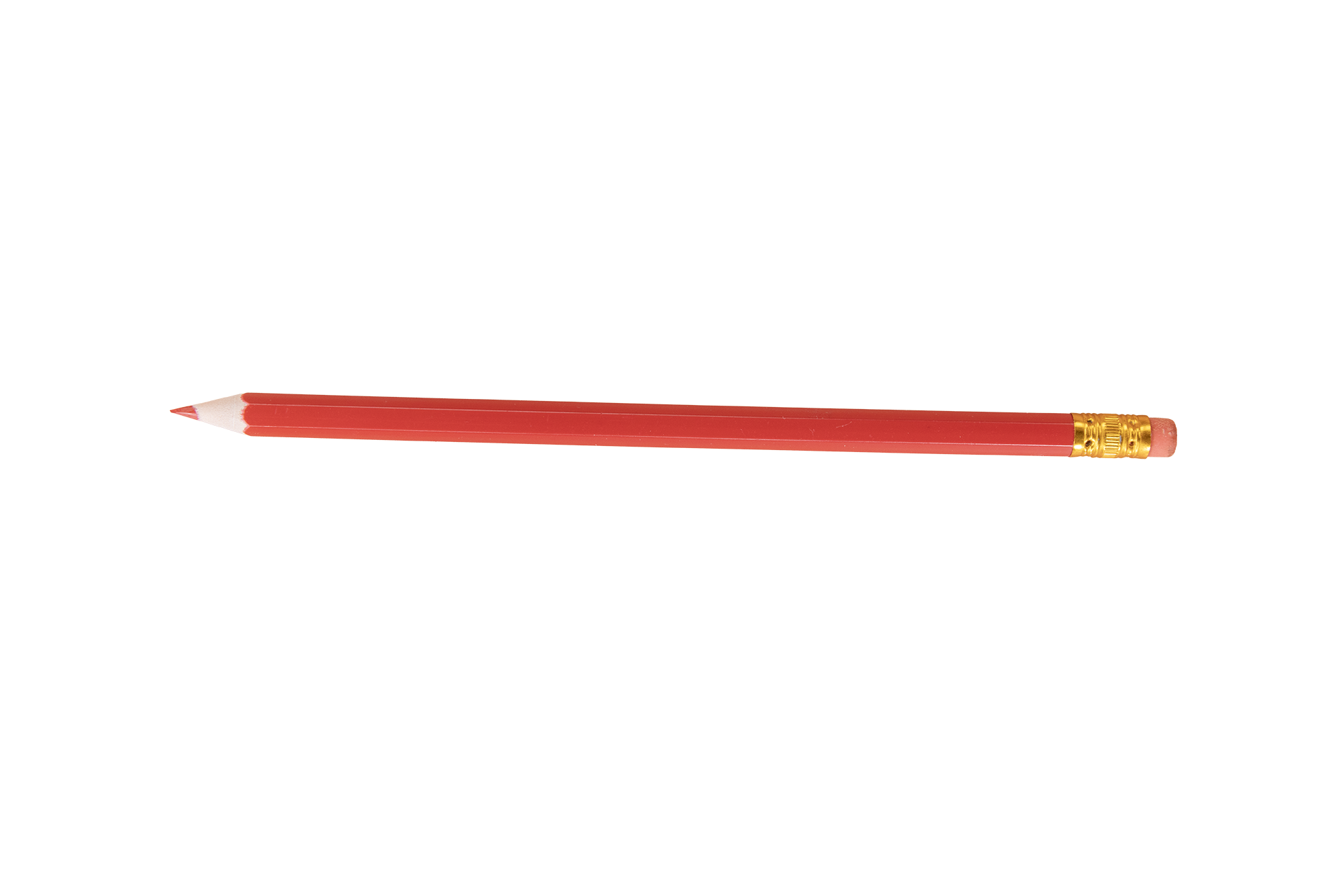 A red pencil with a sharpened tip and a gold-colored eraser with a pink rubber cap