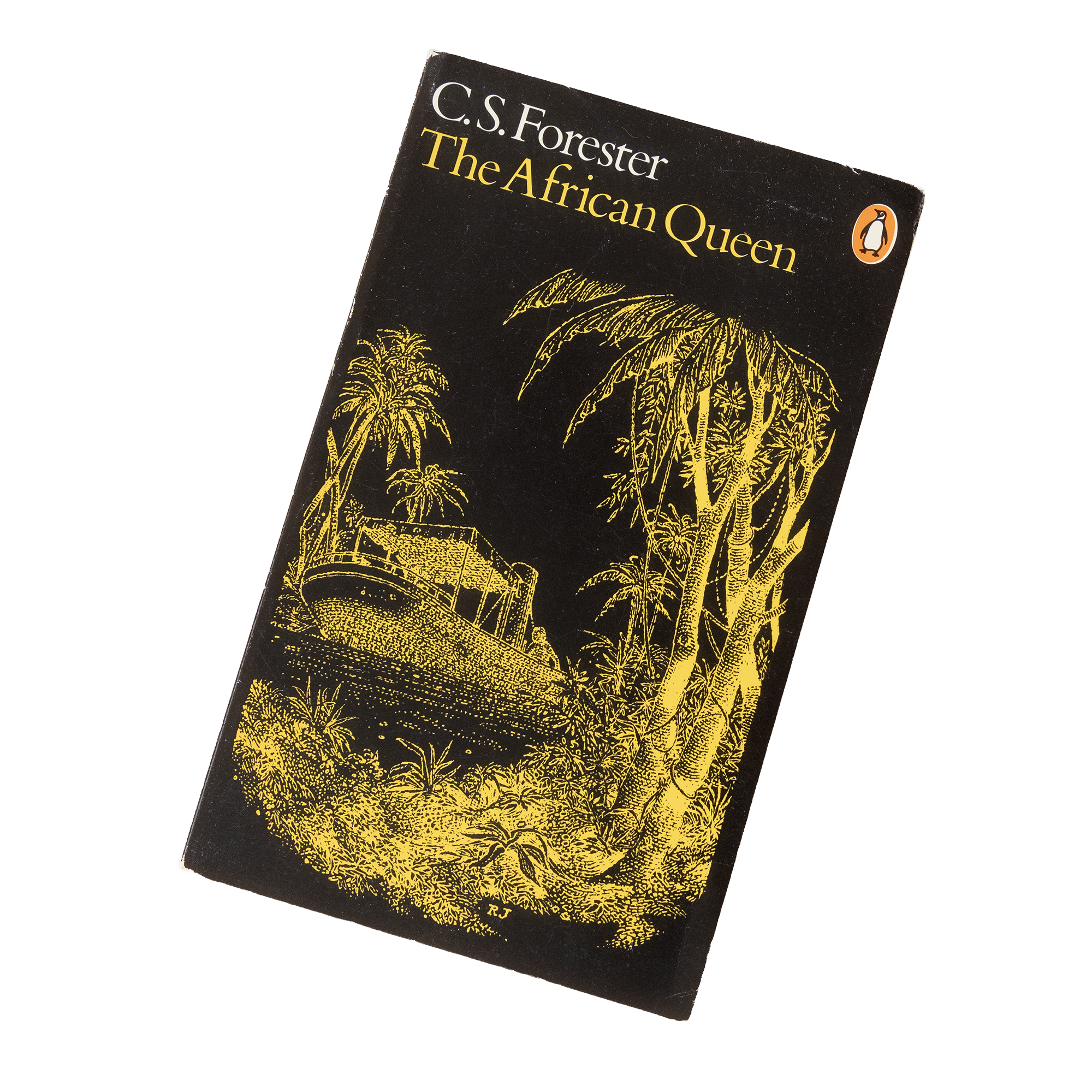 Book titled 'The African Queen' by C.S. Forester, with black cover and gold illustration of palm trees and a boat.