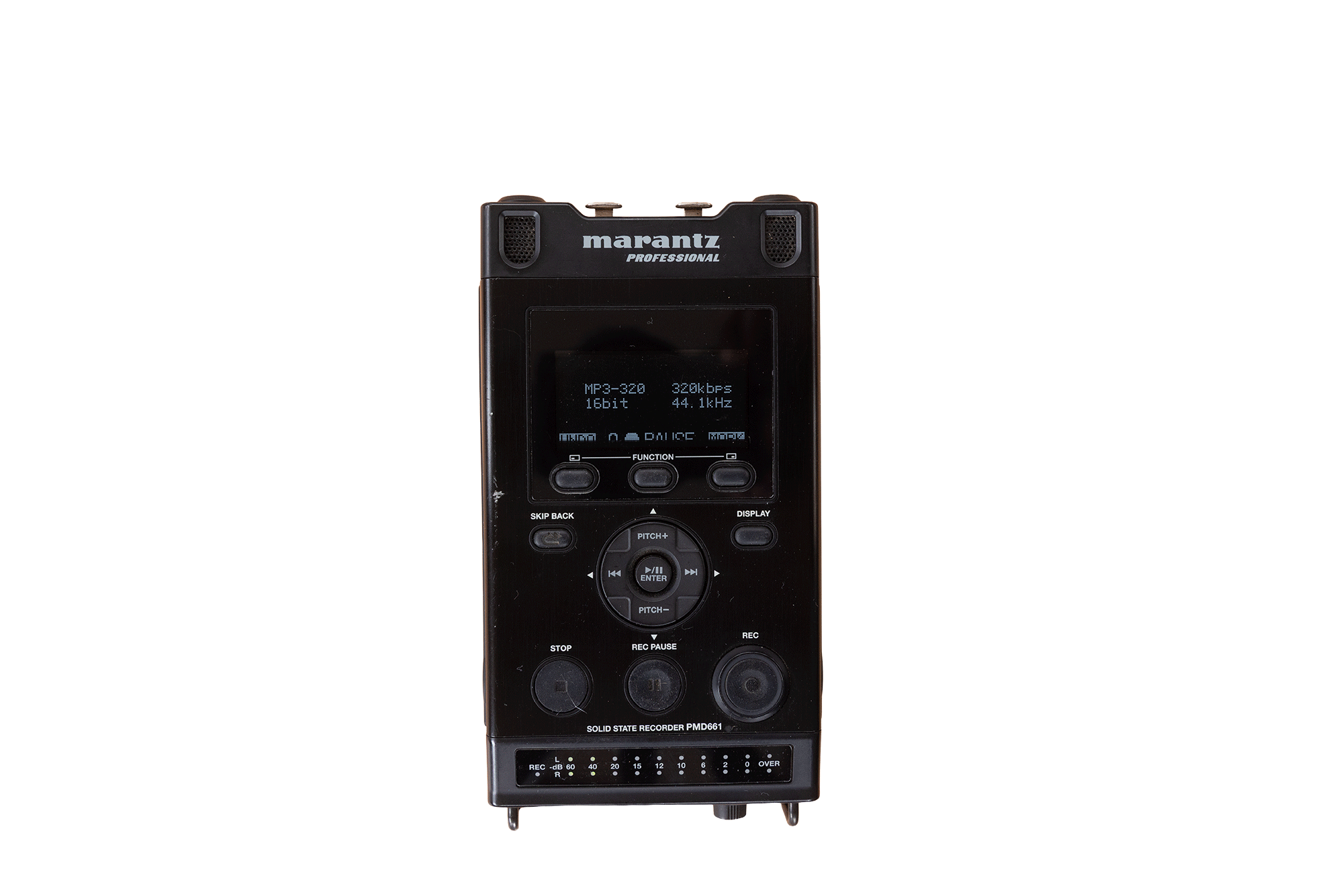 A black Marantz professional solid state recorder with a digital display, various control buttons, and input/output ports.