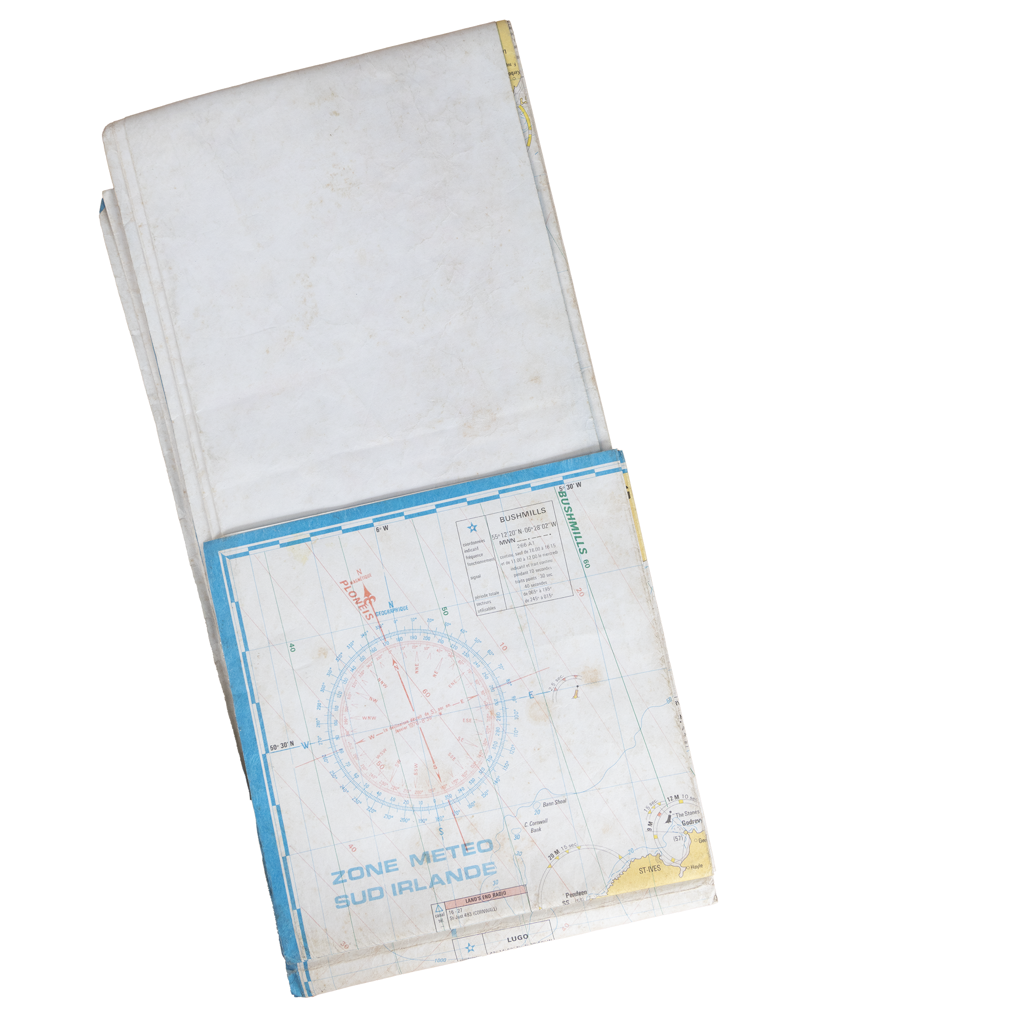 A folded folded aeronautical chart showing weather and navigation details for the region around Sud Irlande, France, with some parts crumpled and discolored.