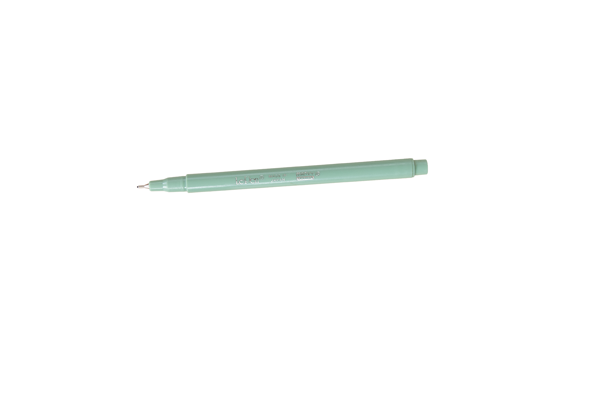 A mint green Lepen pen with a fine tip lying horizontally on a black background.