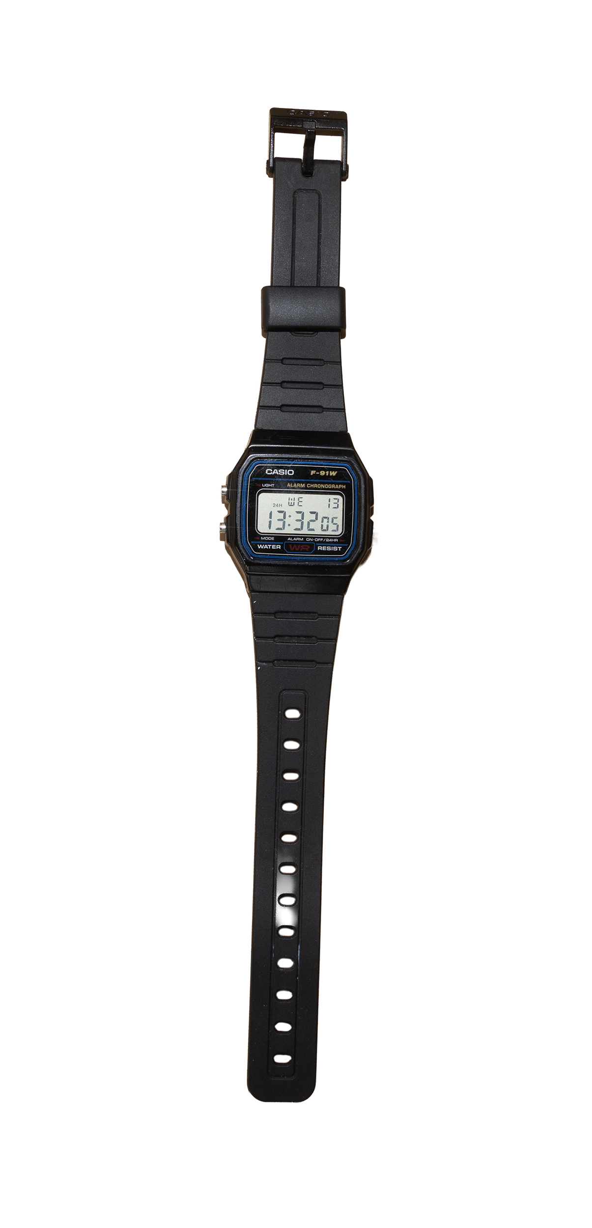Close up of a Casio  F-91W digital wristwatch.