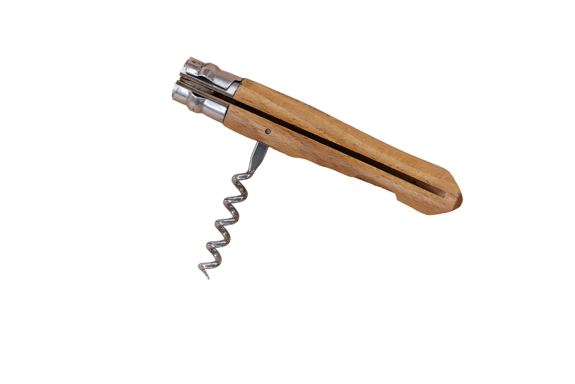 A corkscrew wine opener with a wooden handle and a metal spiral. The corkscrew is positioned diagonally.