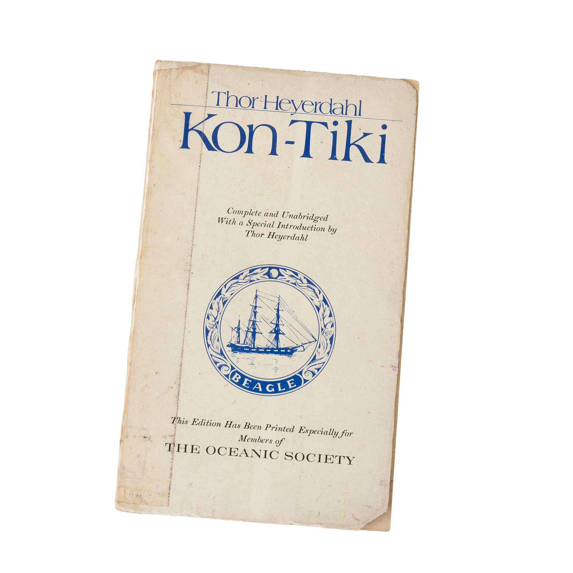 Close-up of an used copy of KON TIKI