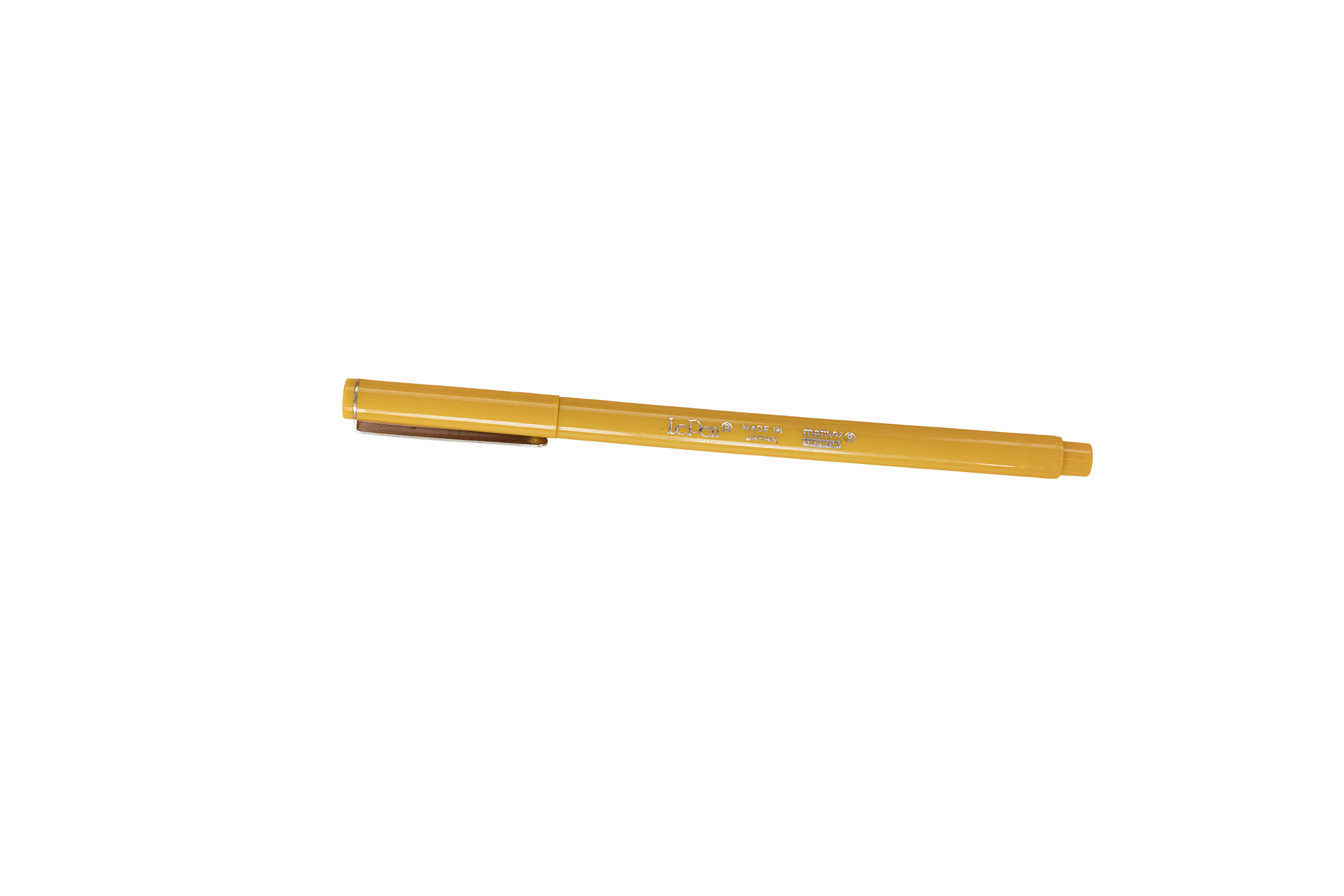 A yellow marker pen with silver accents lying horizontally on a black background.