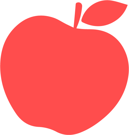 A red apple with a leaf and stem.