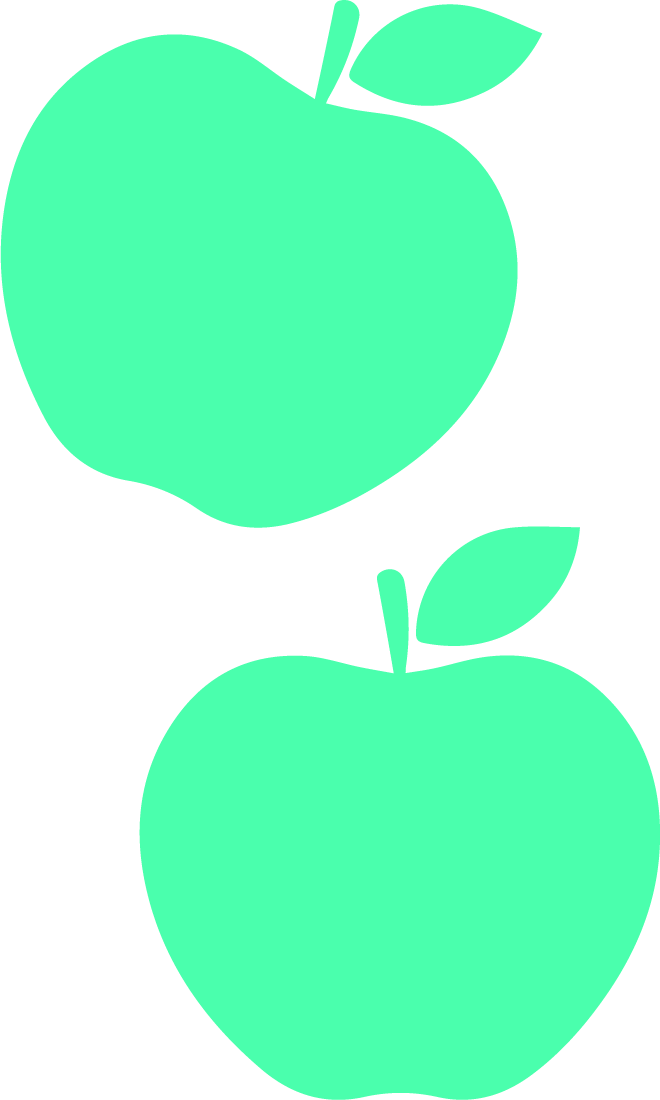 Two stylized green apples with leaves, one above the other.
