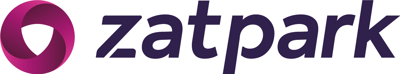 Partial view of the word "Zatpark" on a pink background with a 3D logo on the left.