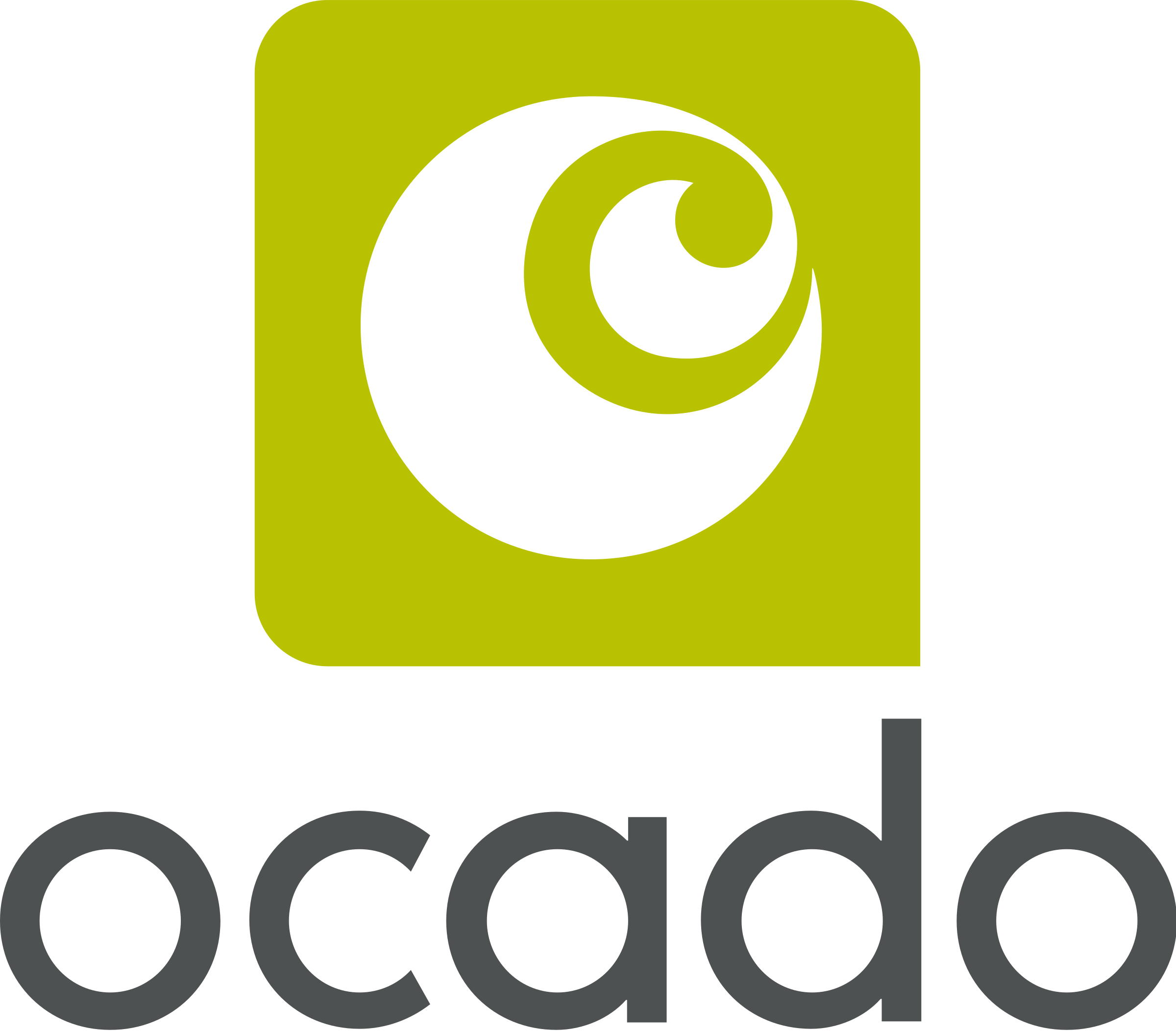 Logo with a stylized white wave within a green square, and the word 'ocada' below in gray text.