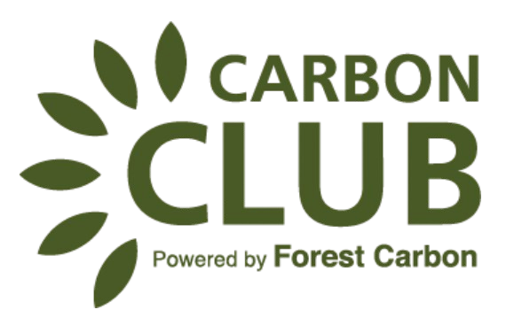Logo for Carbon Club with green leaves and text 'Carbon Club, Powered by Forest Carbon'.
