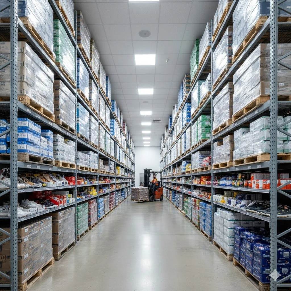 An aisle in a warehouse with tall metal shelves filled with boxed and palletized goods. A worker on a forklift is positioned near the center of the aisle, transporting pallets.