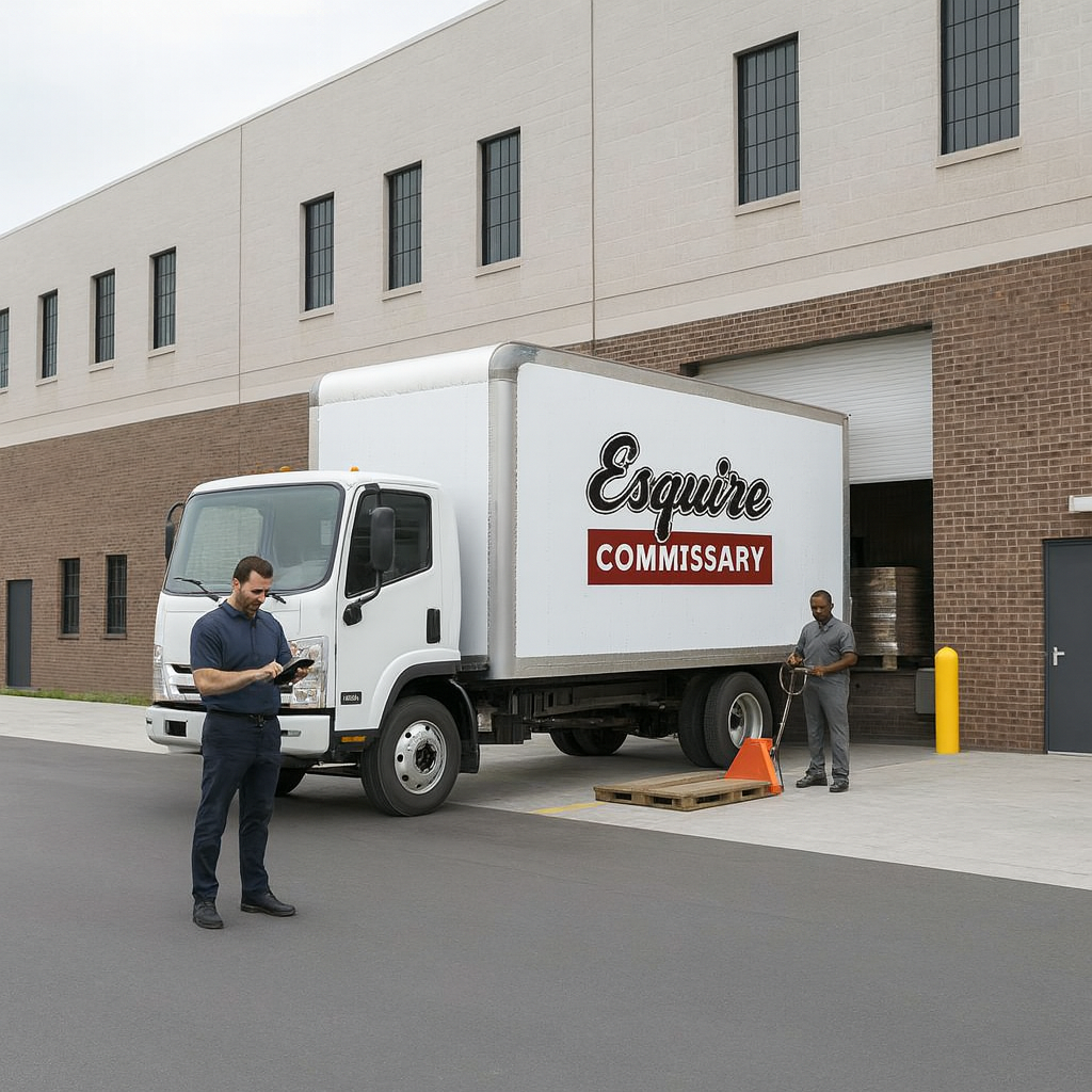 Esquire Commissary team member scanning inventory at correctional facility receiving dock, verifying compliant and secure last-mile commissary delivery.