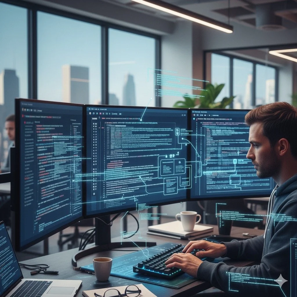 A professional intelligence analyst at a modern workstation utilizing RC3 Group’s proprietary monitoring technology to oversee institutional safety and relational data.