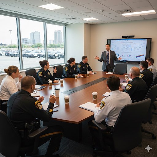 RC3 Group executive delivering a strategic technology briefing to law enforcement officers, demonstrating how integrated intelligence and link analysis enhance department-wide situational awareness.