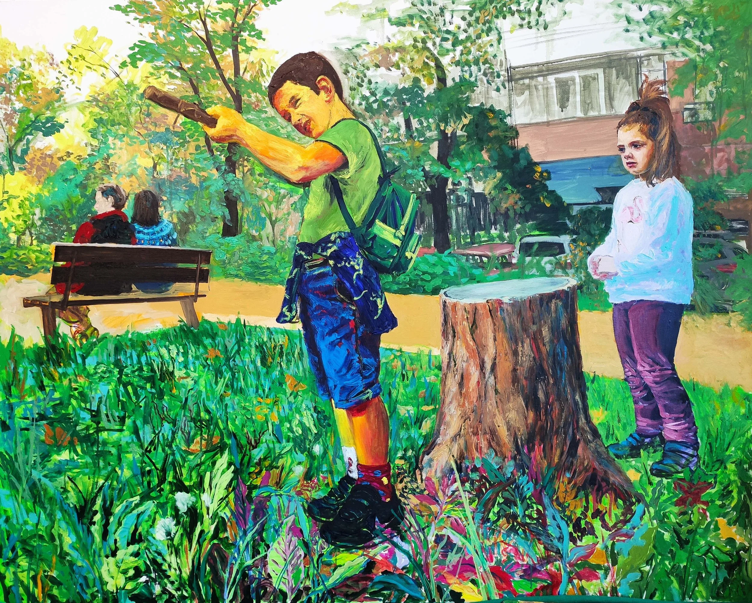 A colorful painting of a park with trees, two girls sitting on a bench, a boy holding a camera near a tree stump, and a girl standing next to the stump with her arms crossed.