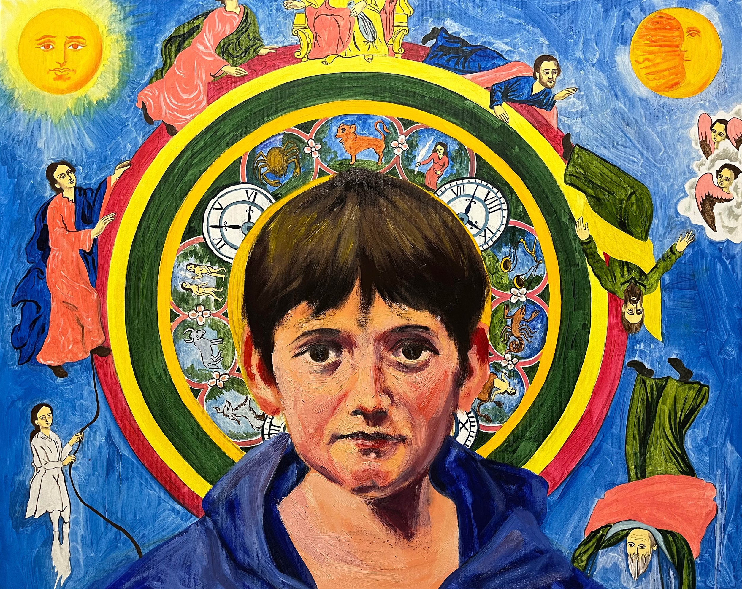 A colorful, surreal artwork featuring a young boy's painted portrait at the center with a large, abstract clock, zodiac signs, and celestial imagery in the background, surrounded by various figures and animals.