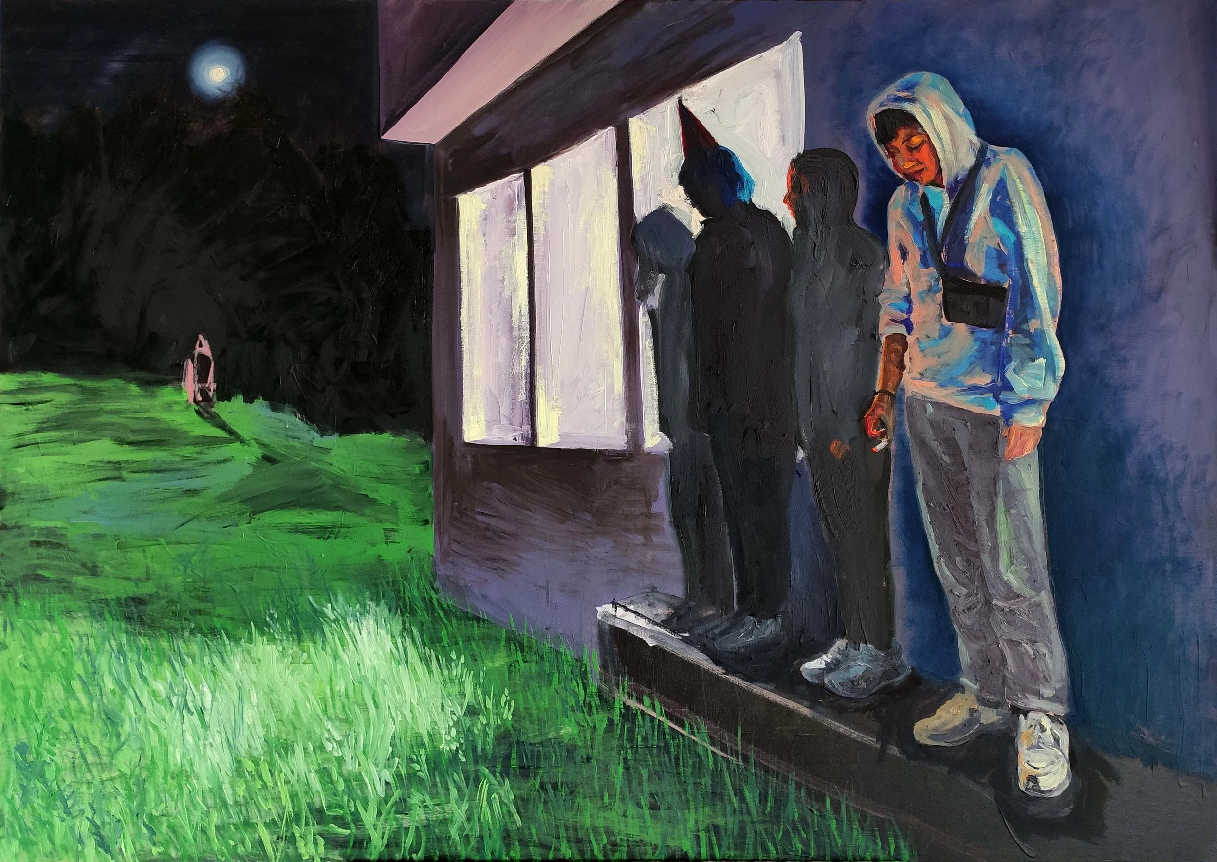 A painting of four people standing on a front porch at night, looking at a person standing alone on a grassy area under the moonlight. The four people are wearing casual clothing, and one is wearing a party hat. The scene has an artistic, expressive style with vivid colors.