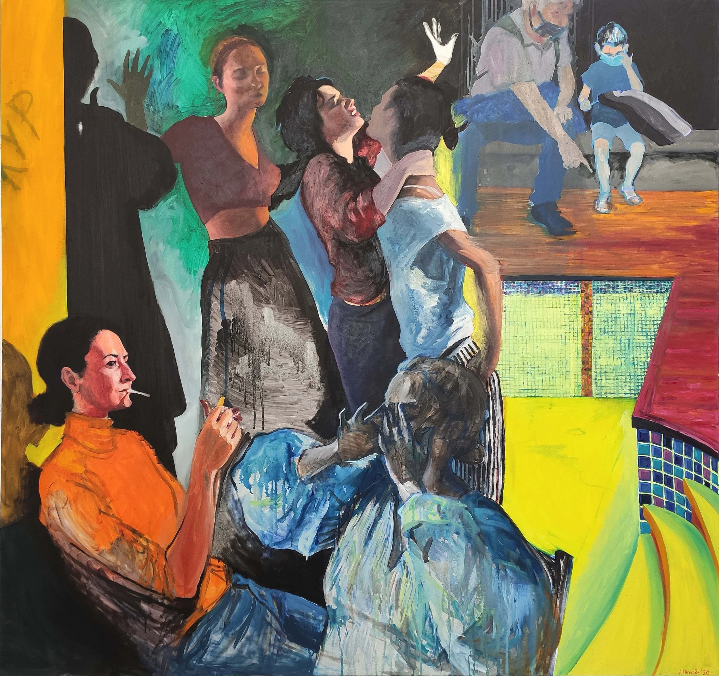 A painting depicting a group of people in a creative or casual setting, some seated and some standing, engaging in various activities such as smoking, talking, and looking around. The background includes a stage with performers and colorful, abstract elements.