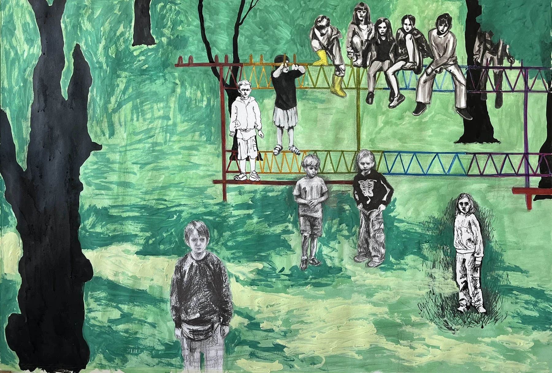 A mixed media artwork depicting children in a park. Some are sketched in black and white, while others are painted with vibrant colors. The background features green trees and grass, with a large tree on the left. Five children are sitting on a multi