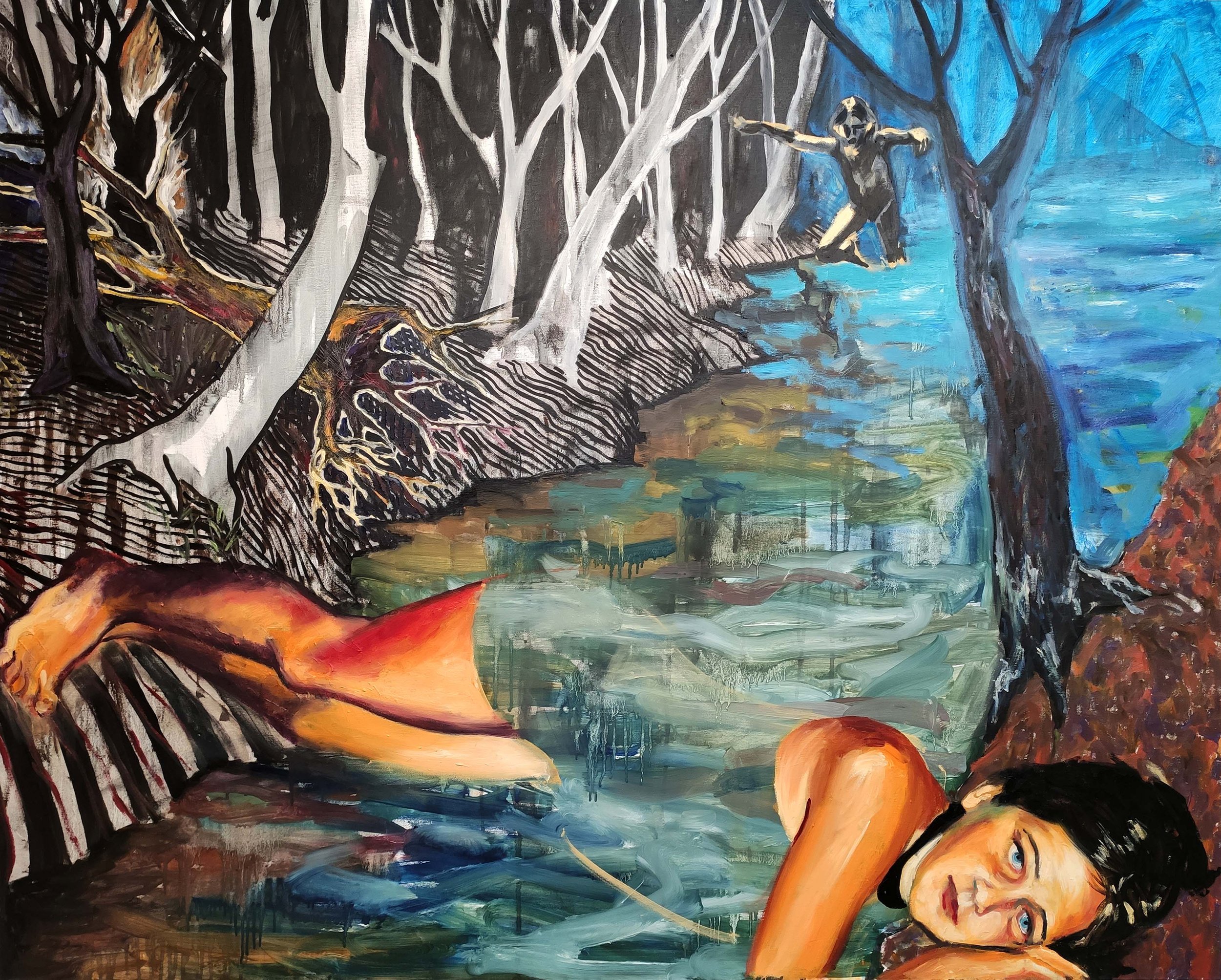 A surreal painting of a woman with black hair lying on her side in a shallow stream, with a forest in the background. The scene includes an ominous figure in the distance, on a tree branch over the water, with a background of abstract, dark, and vivid colors.