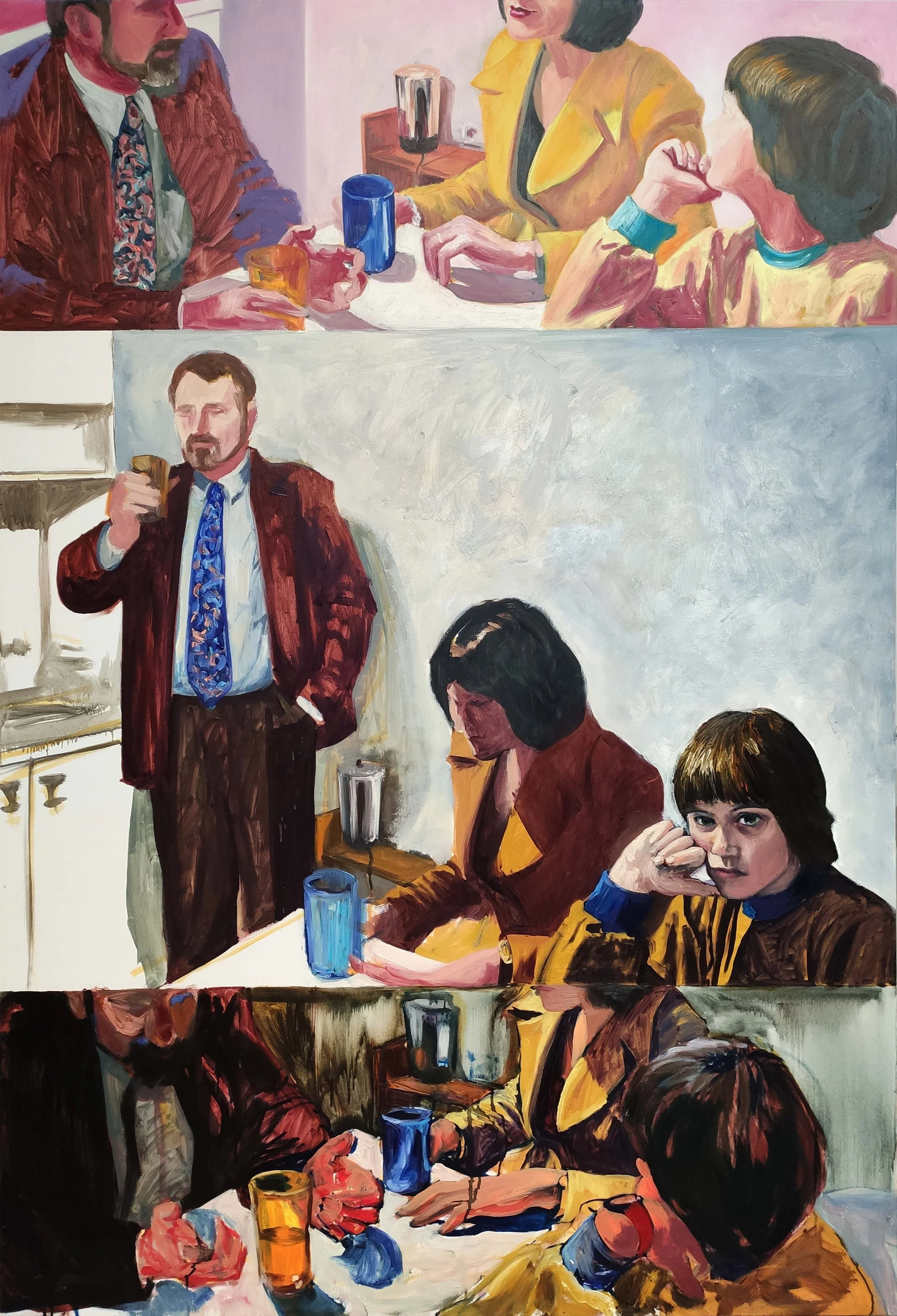 A painting showing three separate scenes of people gathered around tables, possibly at a social or family gathering. The top scene features three people talking, the middle scene shows a man drinking while two women sit at a table, and the bottom scene depicts two people shaking hands across a table with drinks.