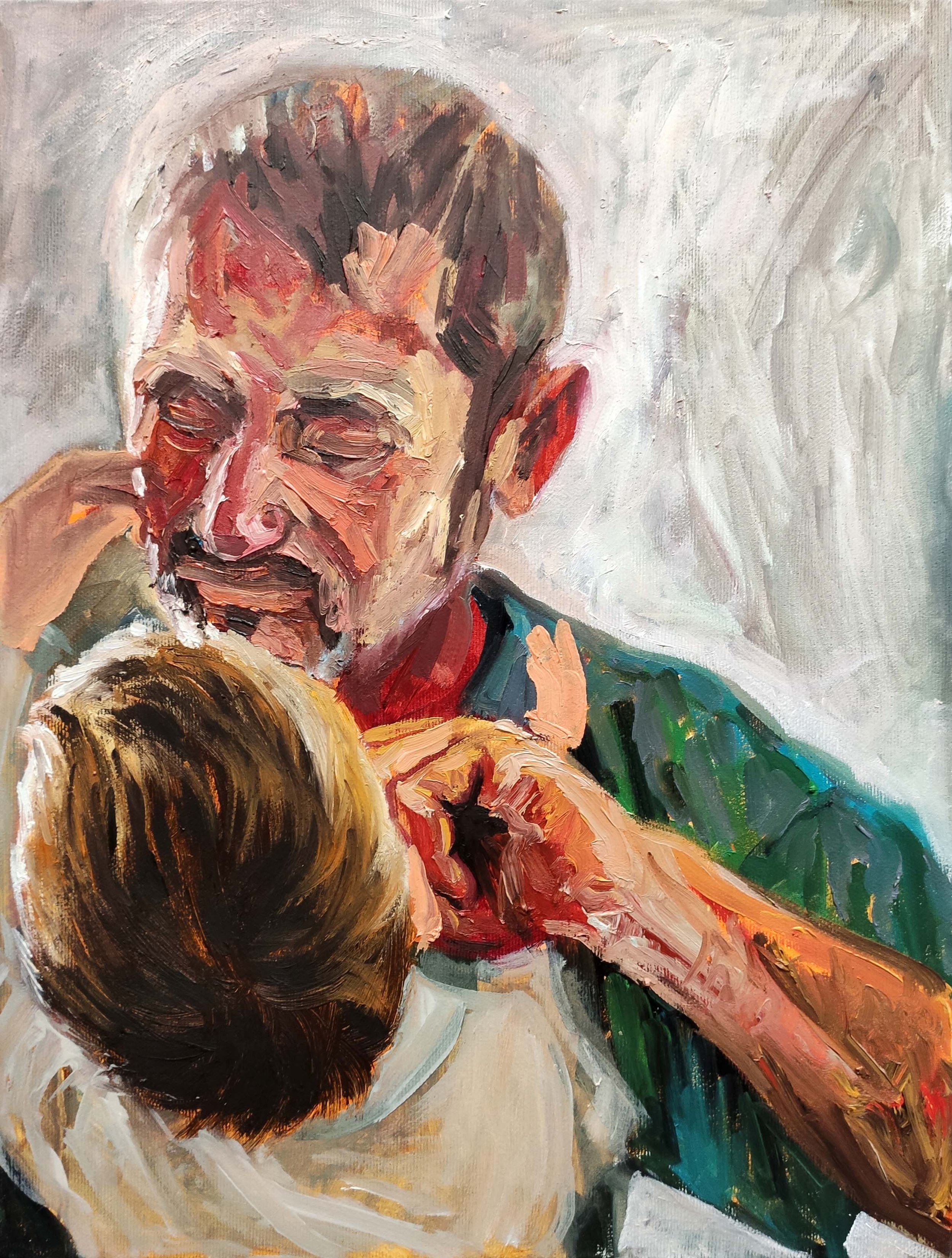 An oil painting of an elderly man with gray hair and a beard, smiling while cuddling a young child with brown hair. The man is resting his hand on his face, and they are close together, sharing a tender moment.