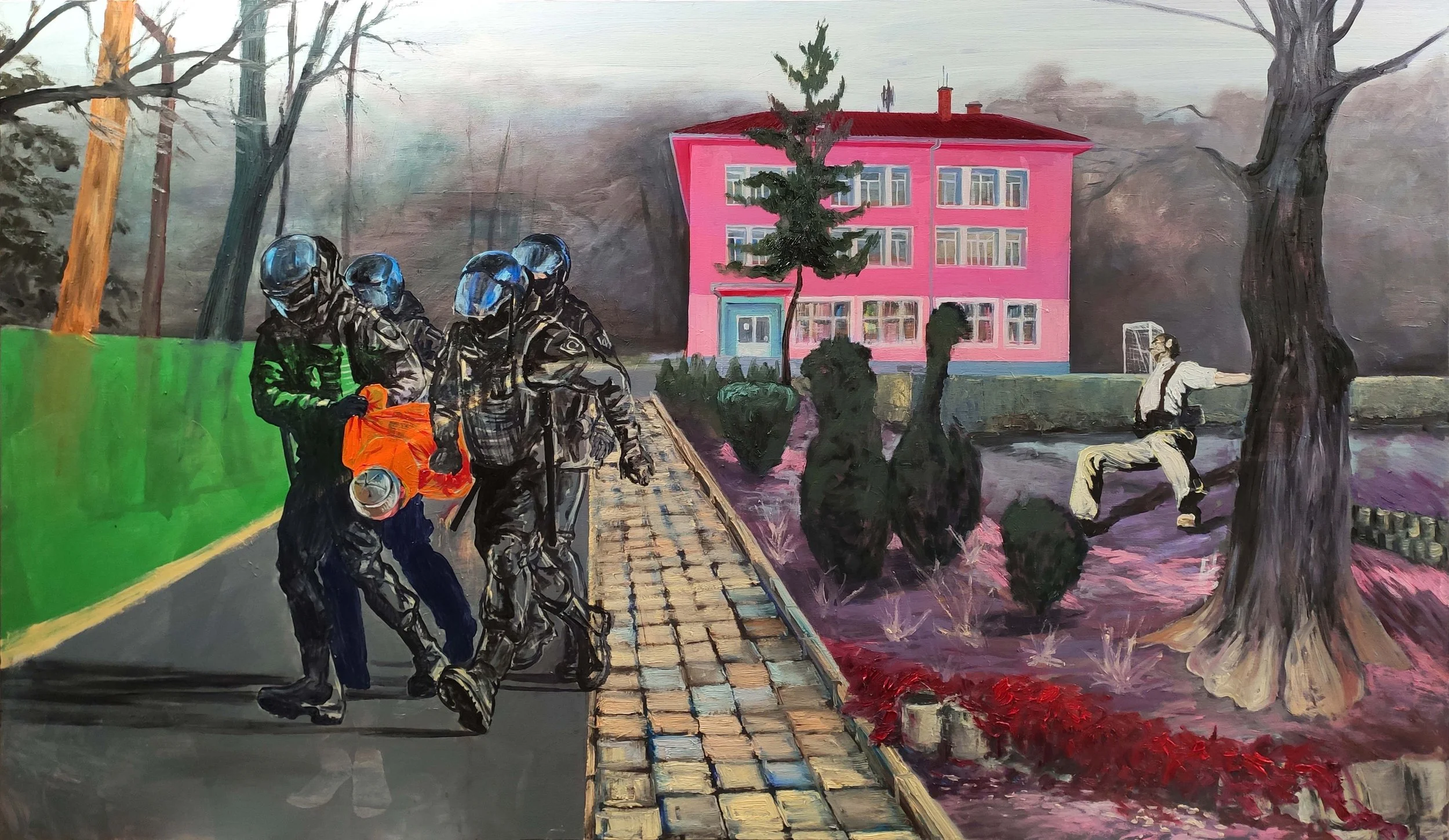 Painting of a group of riot police officers wearing helmets, walking along a paved path next to a grassy area with a green hedge on the left. In the background, there is a large pink building and a man practicing martial arts or yoga on a bench near a tree. The scene appears to be outdoors, with a cloudy sky.