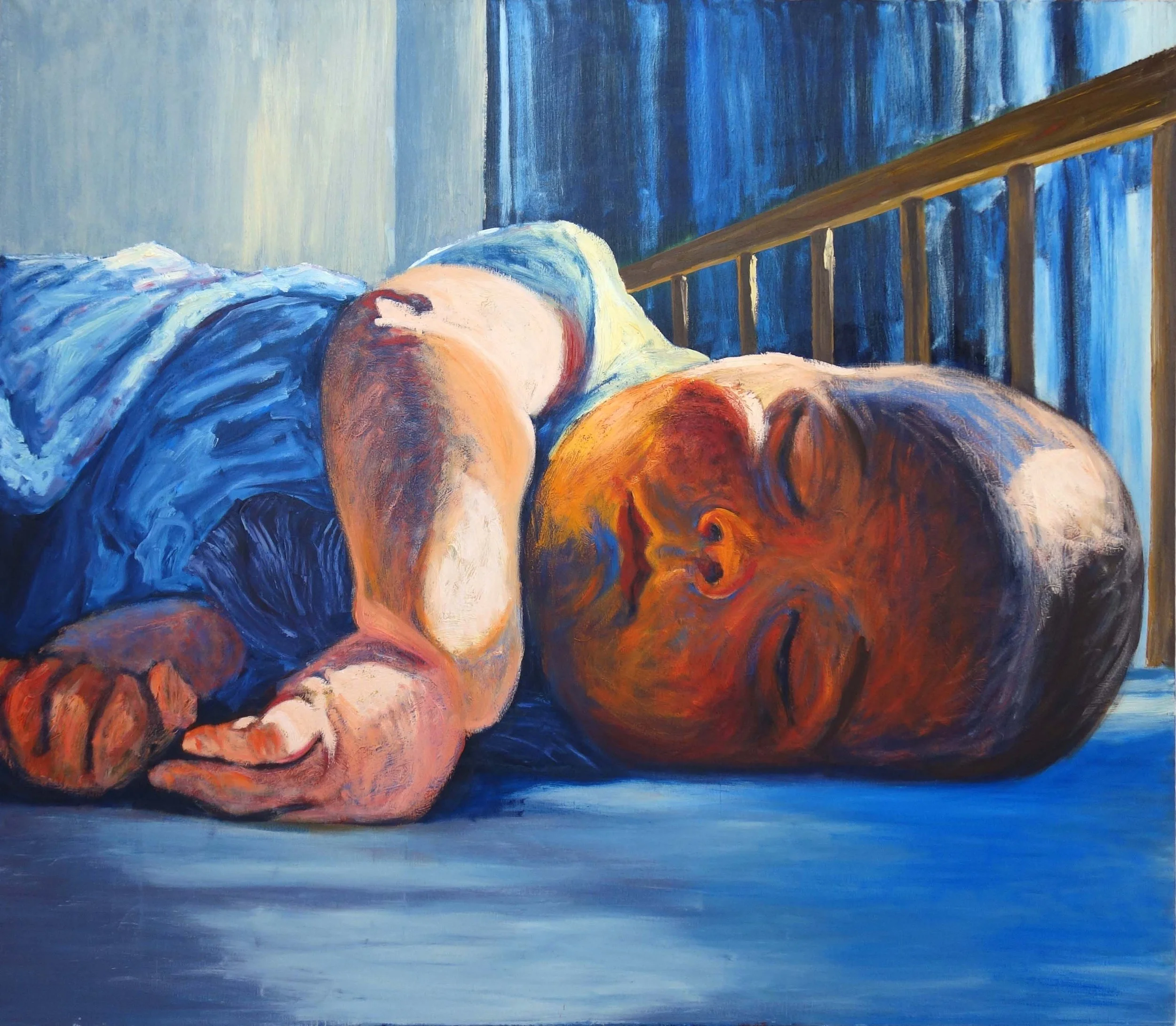 Painting of a man sleeping on a bed with one arm and part of the face visible, rendered in vibrant, expressive brushstrokes with blue and orange hues.