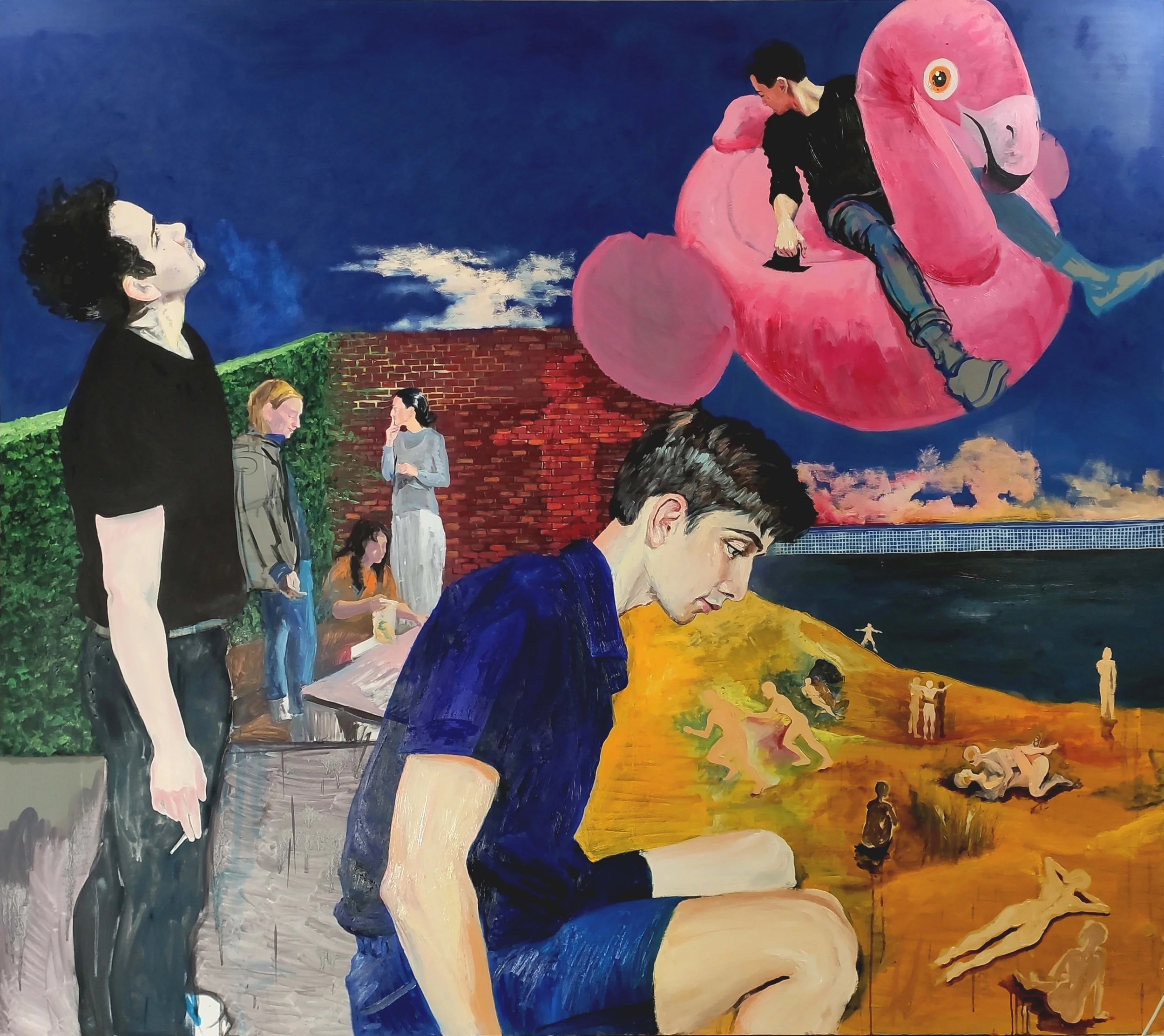 A surreal painting with multiple people: a young man in a blue shirt sitting in foreground, other people standing and sitting in various poses, a large pink flamingo float with a person on it in the sky, and a textured landscape with colorful figures and animals.