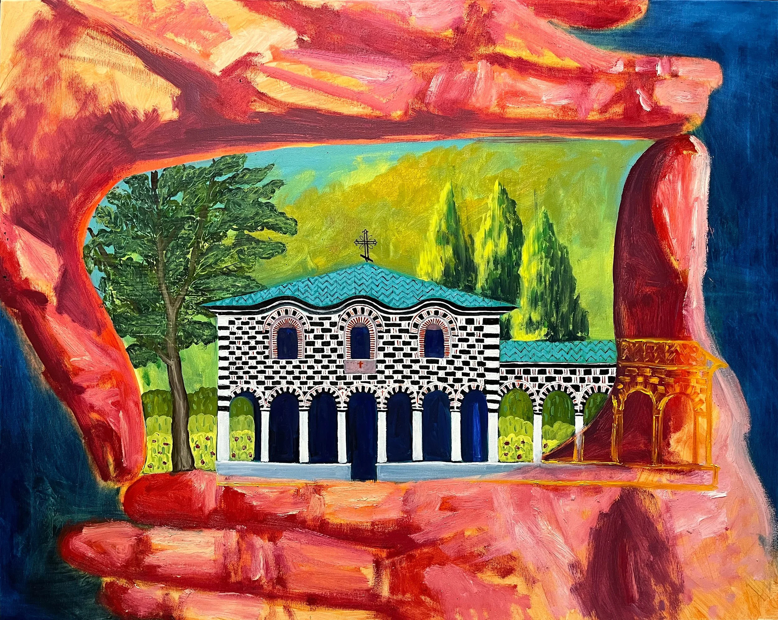 Colorful painting of a church with black and white checkered walls, arched windows, and a blue roof, framed by a large red hand, with trees and a bright sky in the background.