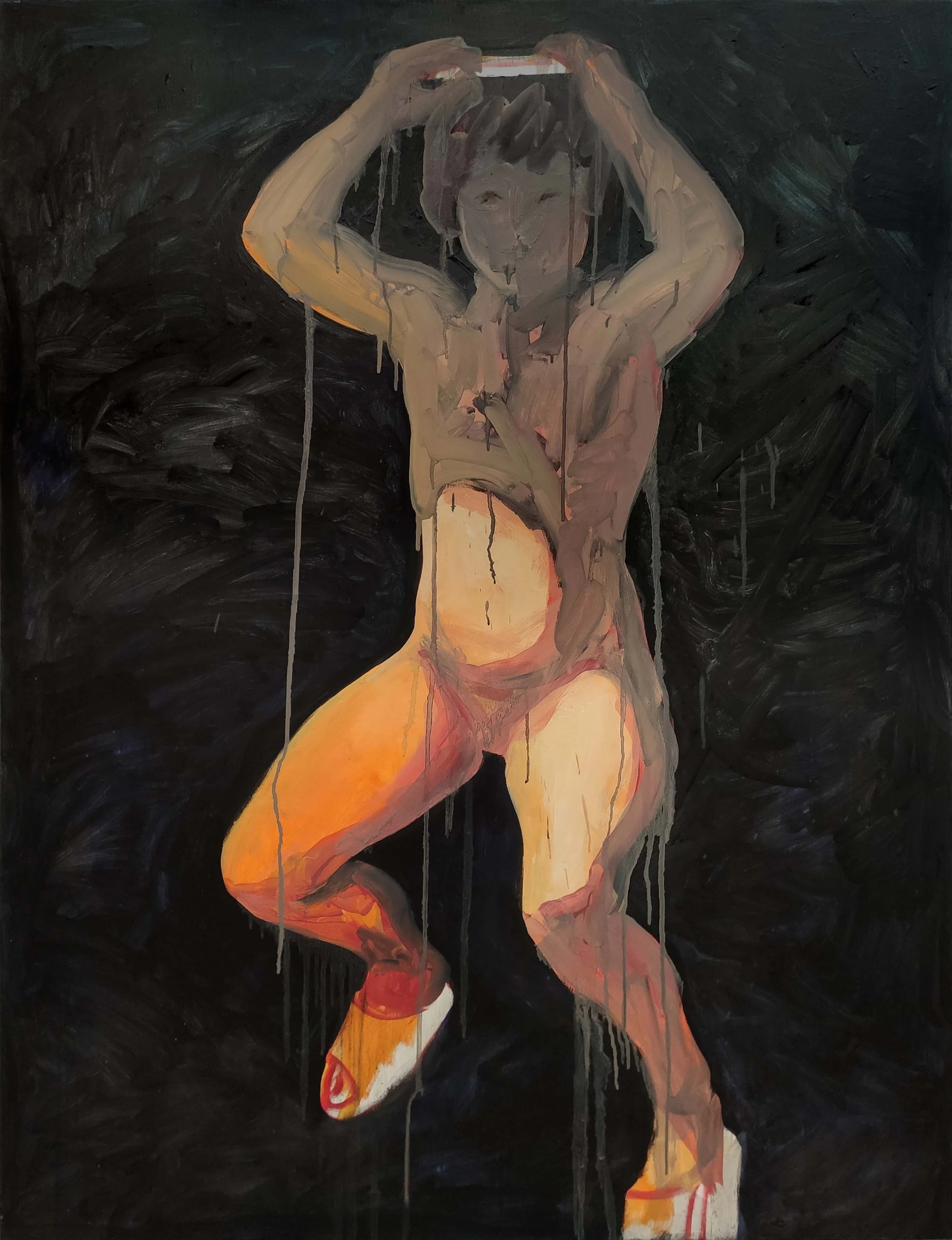 A painting of a woman with short hair, standing in a pose with one arm raised above her head and the other bent with her hand near her face. The figure is depicted with merged colors and a dark background, with paint drips and abstract elements.