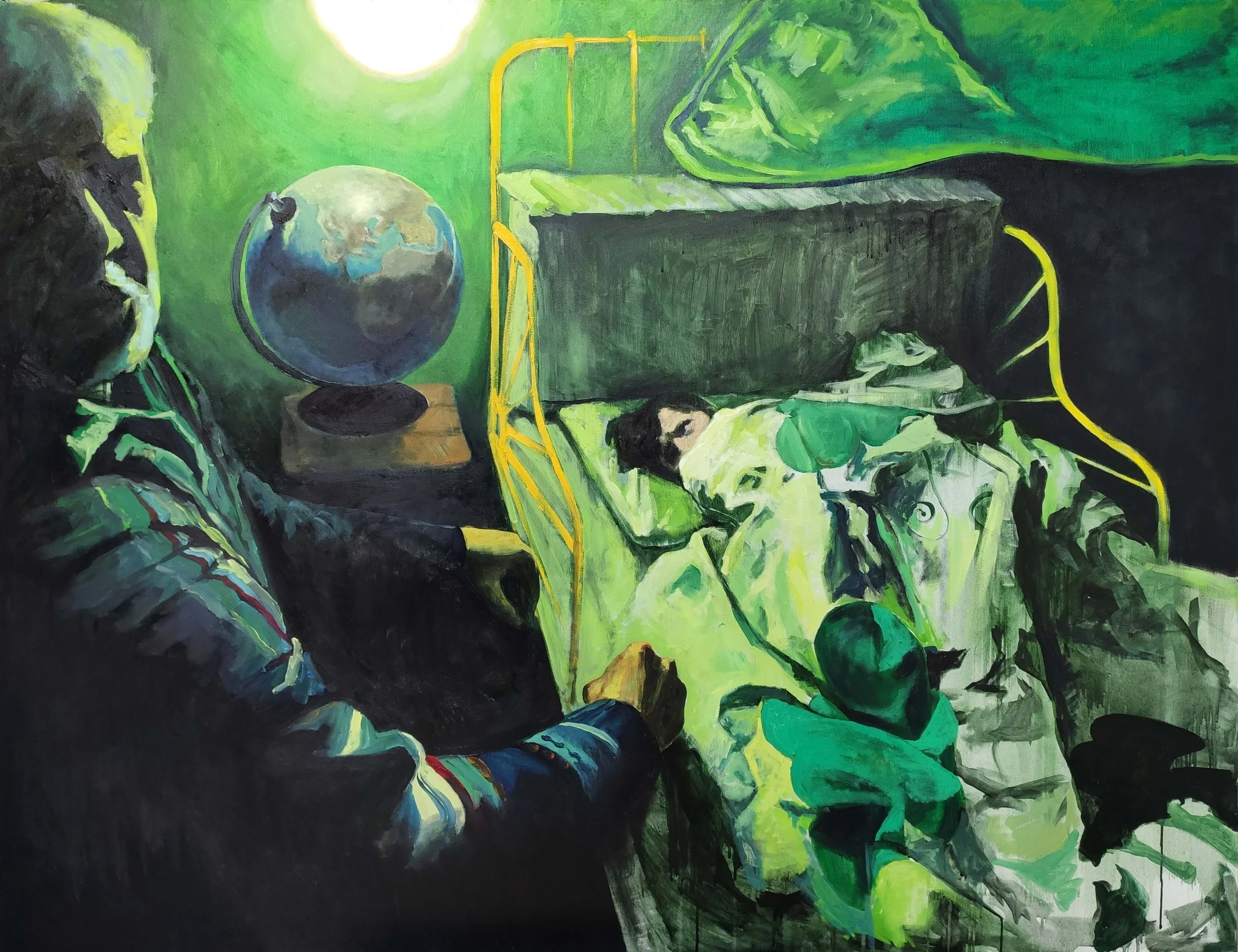 A painting of a girl sleeping in a bed with green sheets, a globe on a nightstand, and a woman with a headscarf sitting next to her, set against a green background with a bright light overhead.