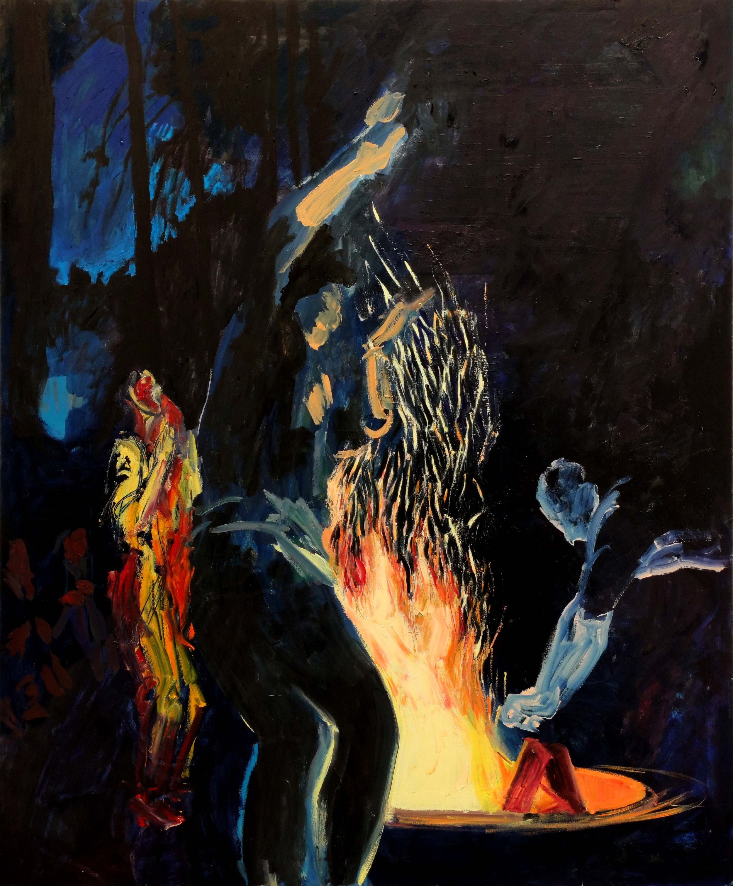 An abstract painting depicts two women near a fire, one with long, wavy hair and large earrings, and another in the background wearing a colorful coat, set against a dark, nighttime forest scene.