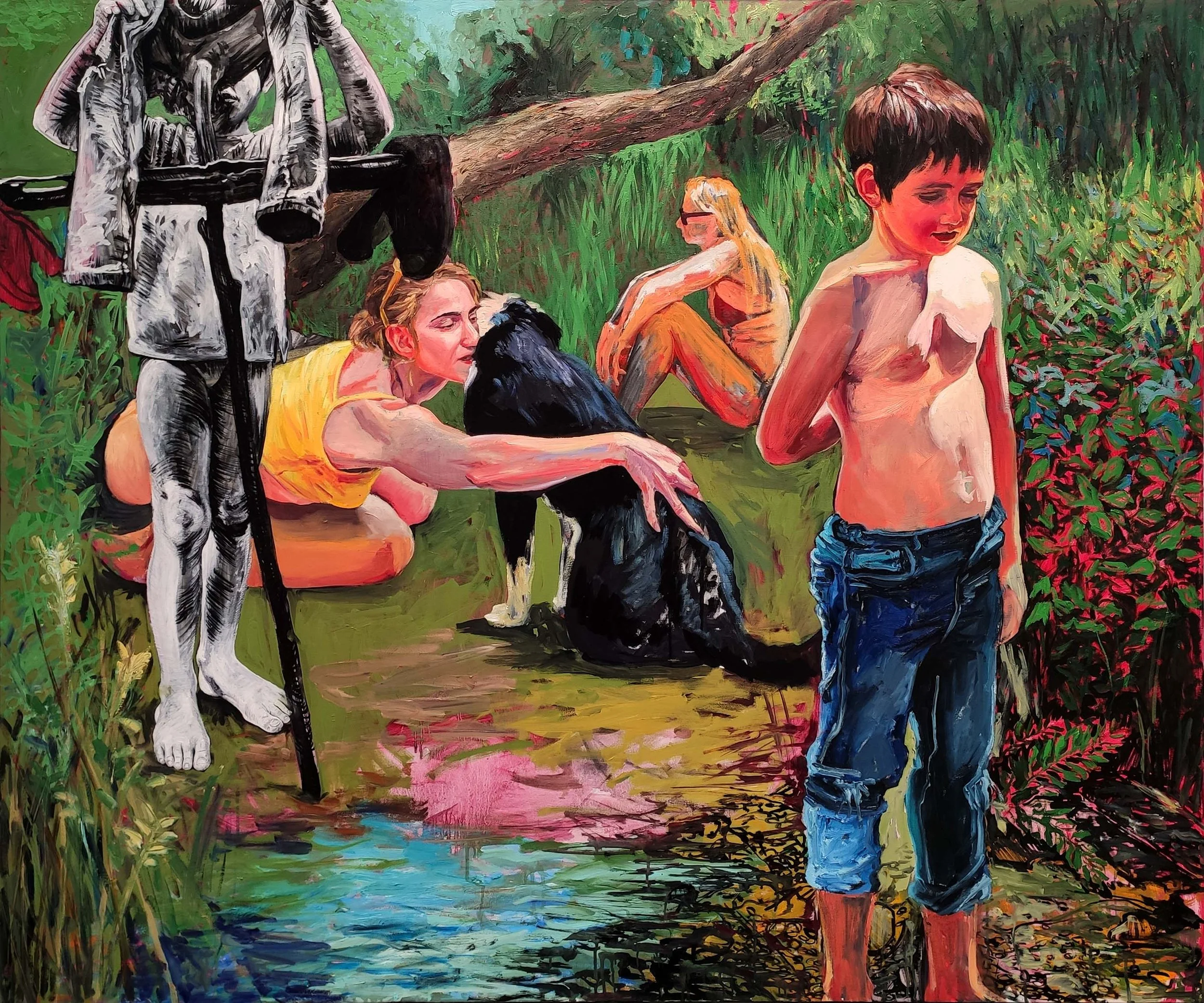 Colorful painting of children and a dog by a small creek in a lush green setting with trees and plants, depicting a serene outdoor scene.