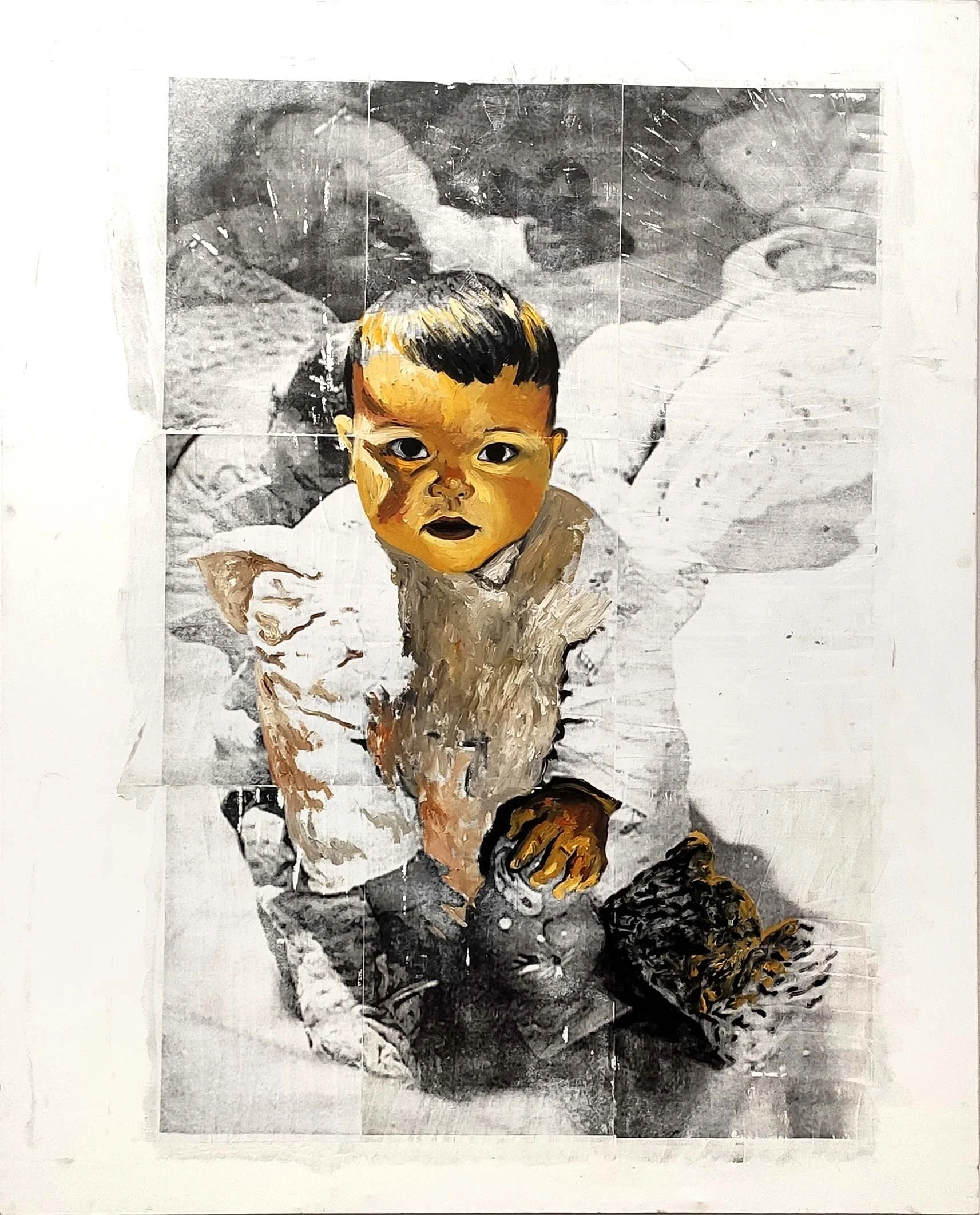 A mixed media painting of a young child with a painted face, sitting and looking directly at the viewer, with a black and white background of abstract shapes.