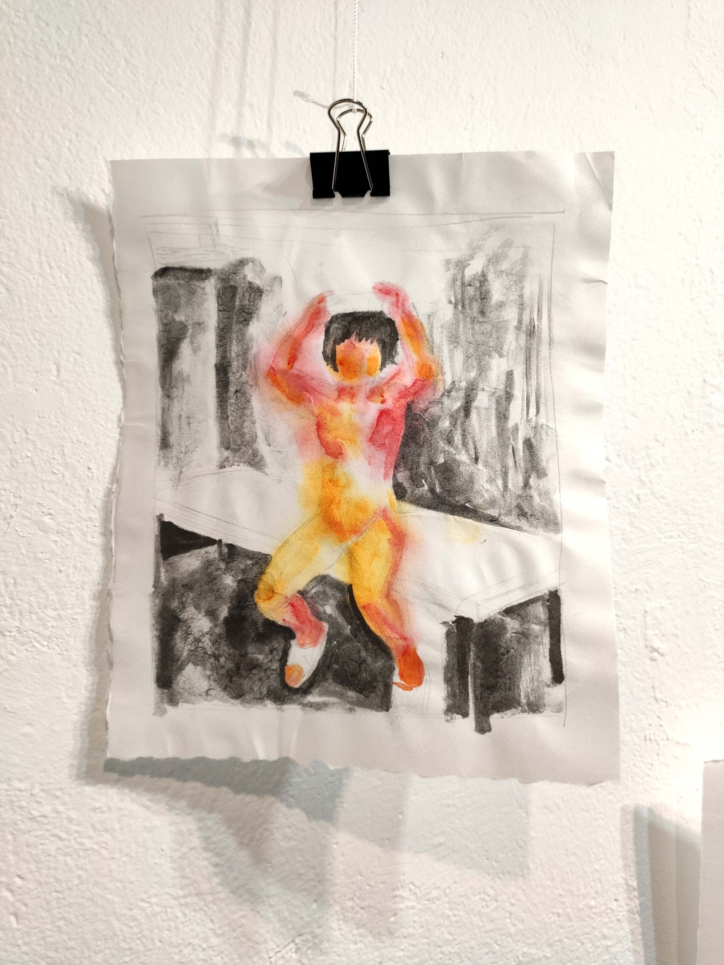 Watercolor painting of a nude woman sitting on a bench with arms raised above her head, set against an abstract background.