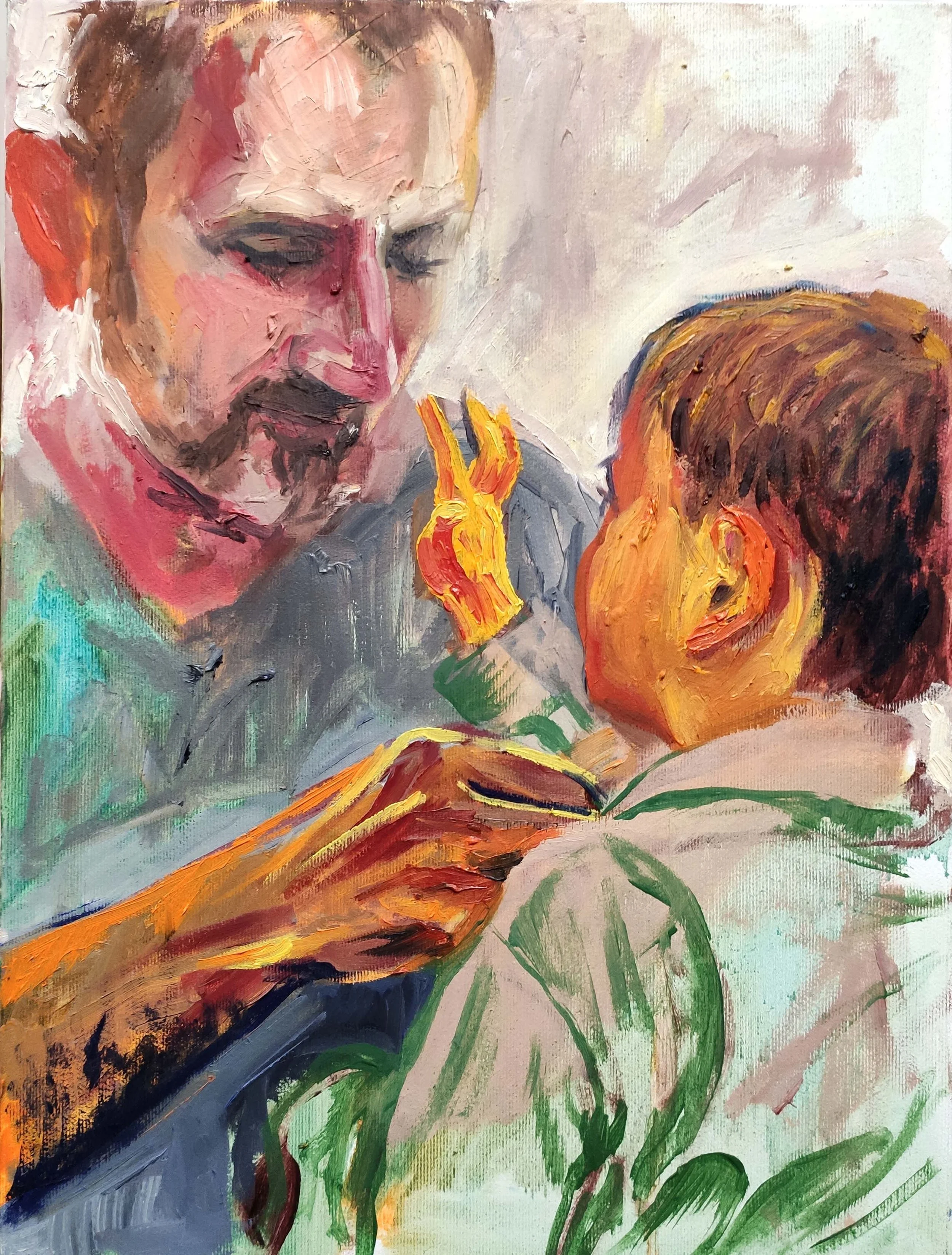 An abstract painting of a man and a young boy, with the man holding a flower near the boy's face.